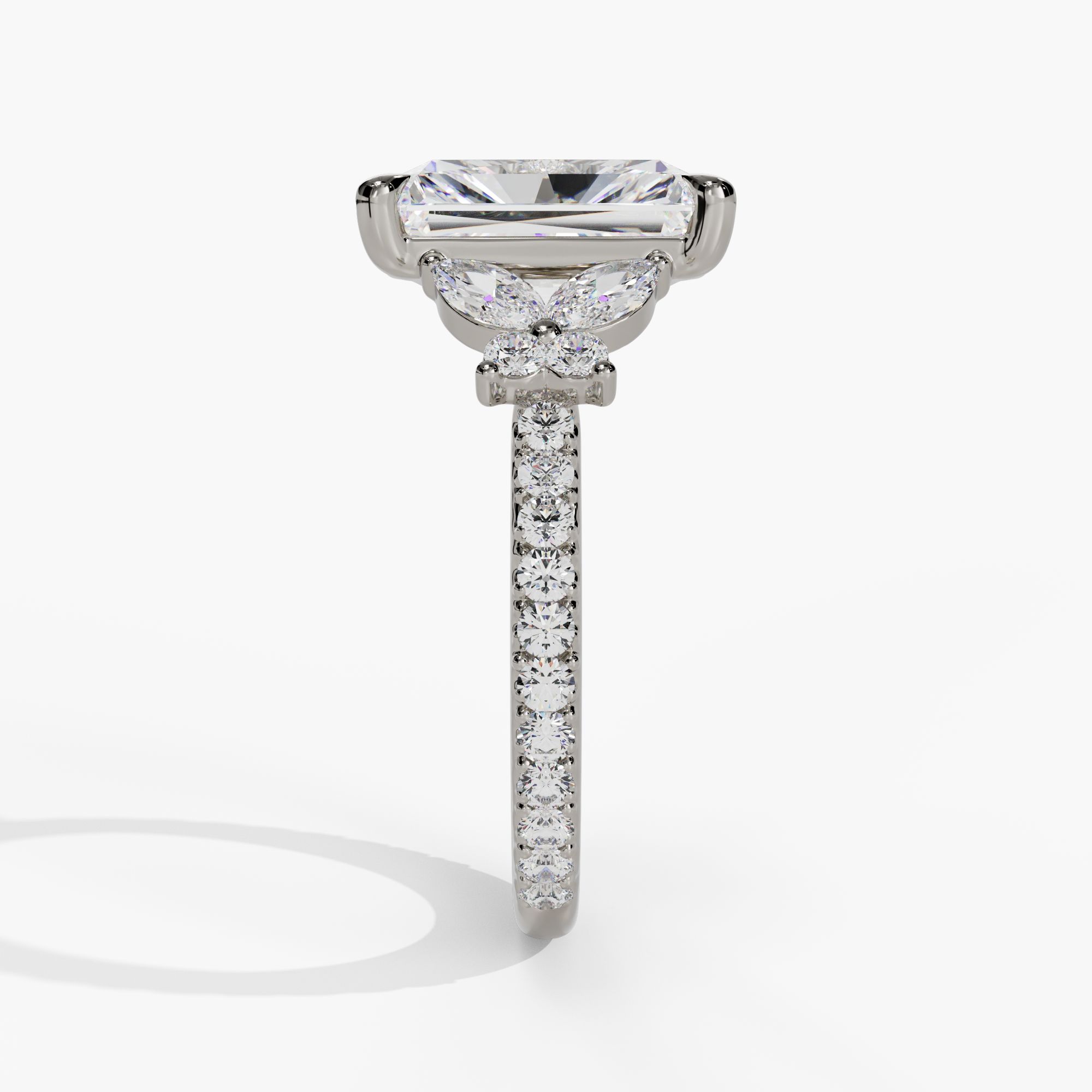 Floral Radiant-Cut Engagement Ring Setting With Marquise & Round Natural Diamond Accents in 14k White Gold — side view