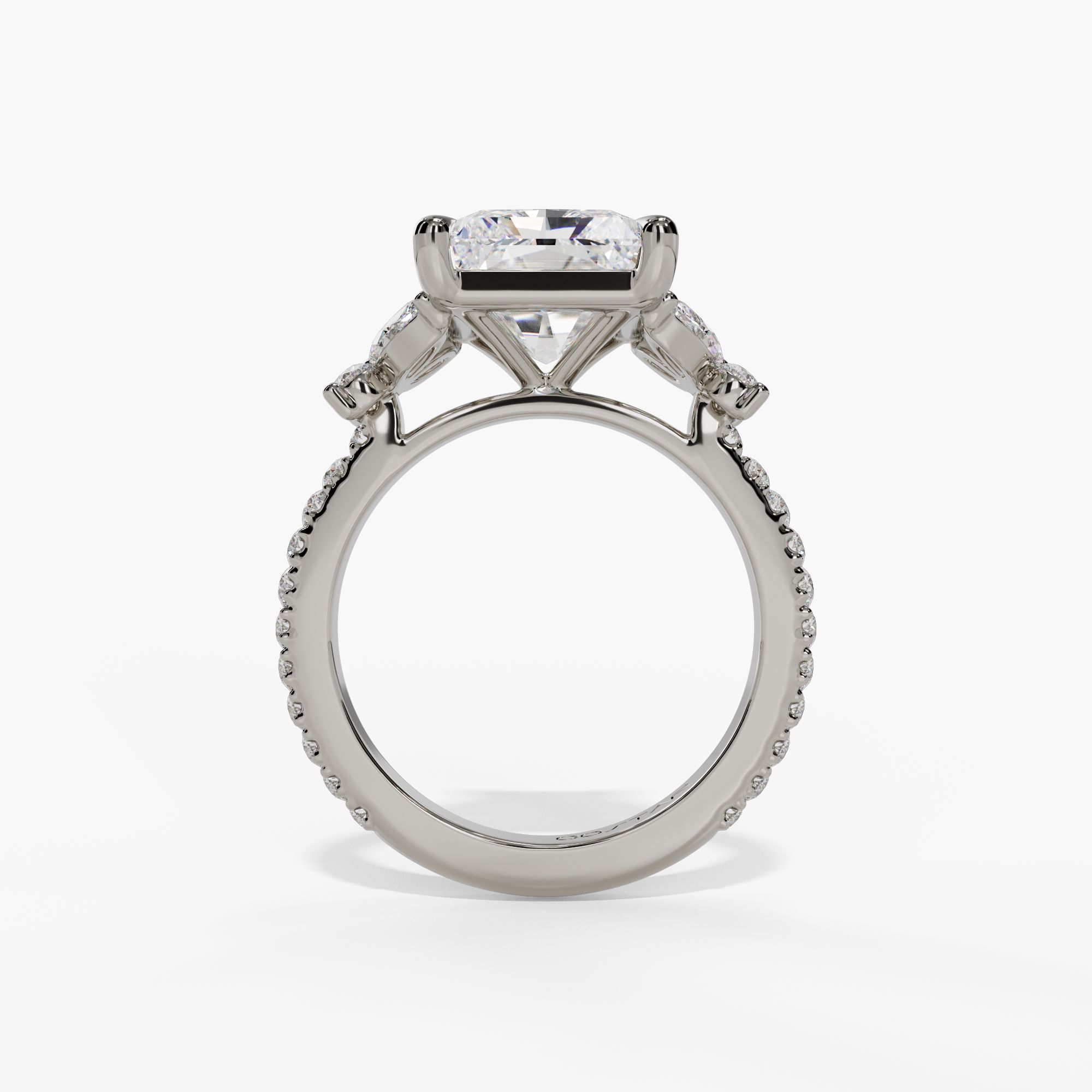 Floral Radiant-Cut Engagement Ring Setting With Marquise & Round Natural Diamond Accents in 14k White Gold — full ring view