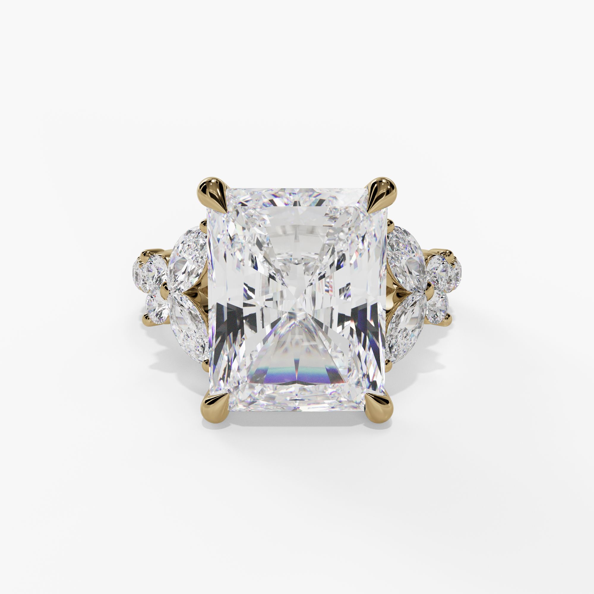 Floral Radiant-Cut Engagement Ring Setting With Marquise & Round Natural Diamond Accents in 14k Yellow Gold — front view