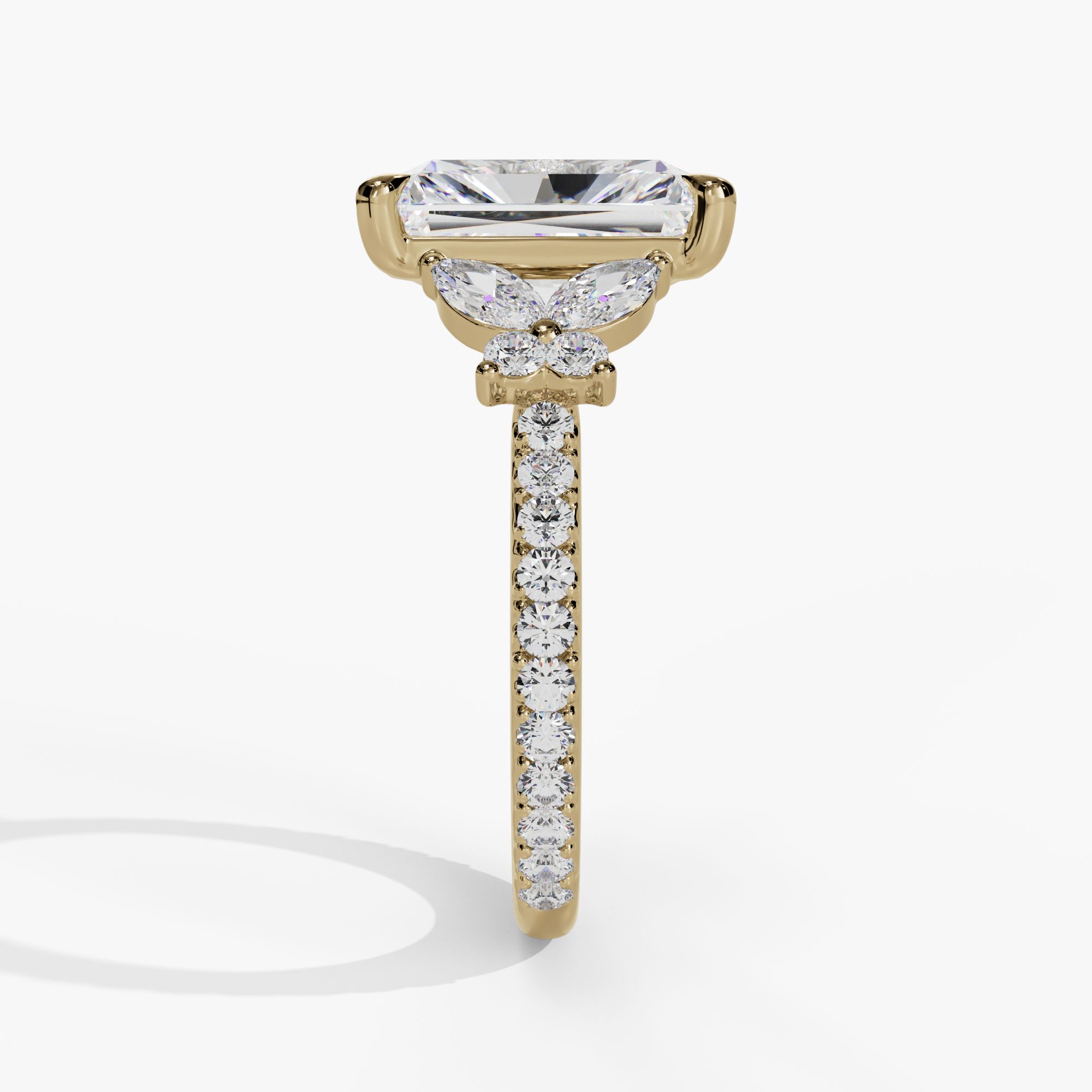 Floral Radiant-Cut Engagement Ring Setting With Marquise & Round Natural Diamond Accents in 14k Yellow Gold — side view