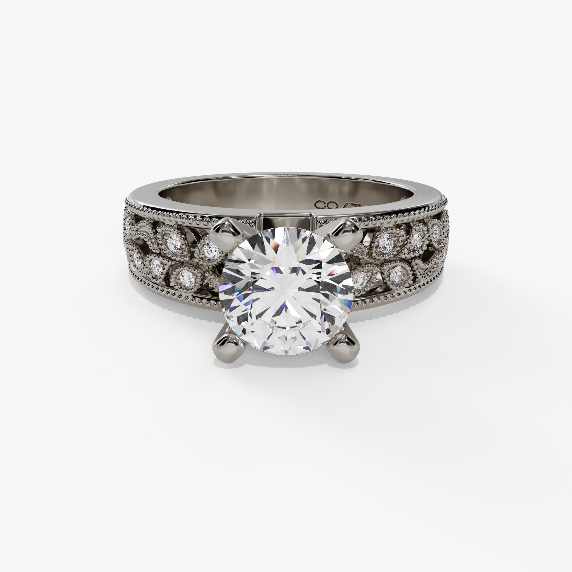 Floral Round Engagement Ring Setting With Vintage Openwork Natural Diamond Wide Band in 14k White Gold — front view
