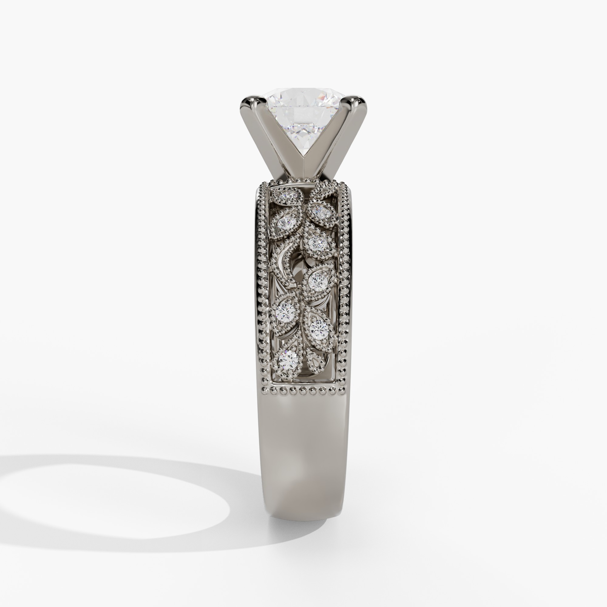 Floral Round Engagement Ring Setting With Vintage Openwork Natural Diamond Wide Band in 14k White Gold — side view