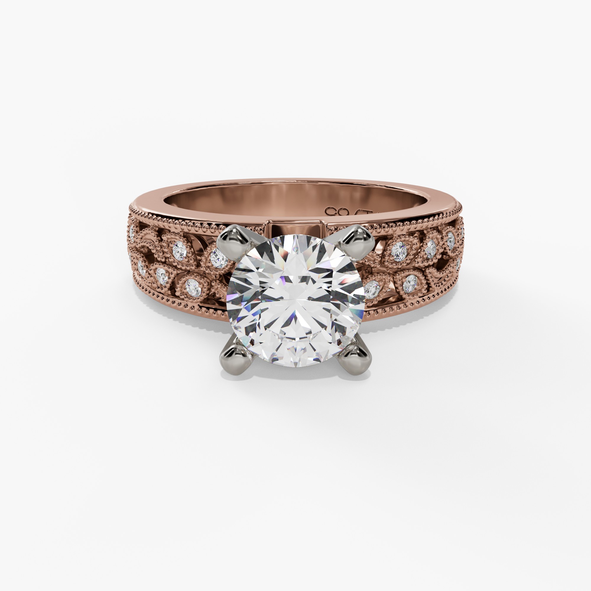 Floral Round Engagement Ring Setting With Vintage Openwork Natural Diamond Wide Band in 14k White & Rose Gold — front view
