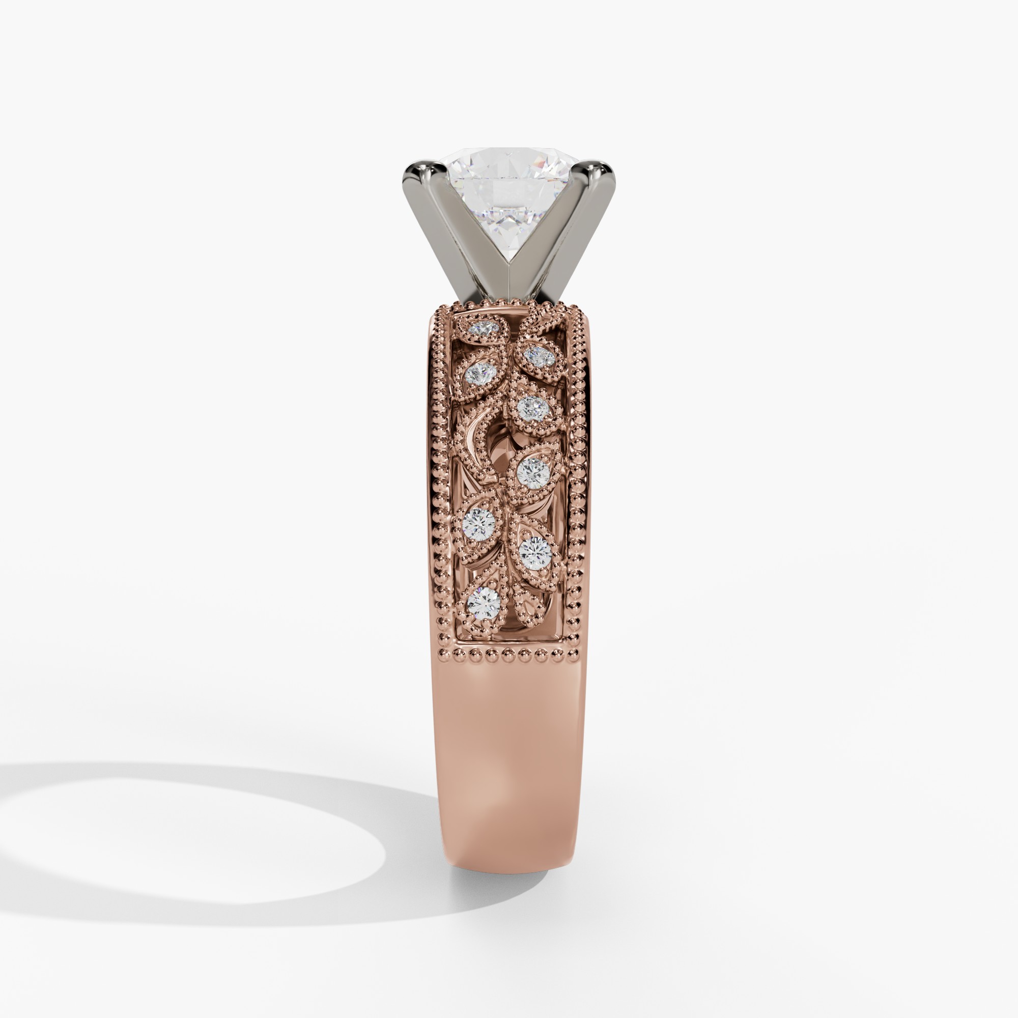 Floral Round Engagement Ring Setting With Vintage Openwork Natural Diamond Wide Band in 14k White & Rose Gold — side view