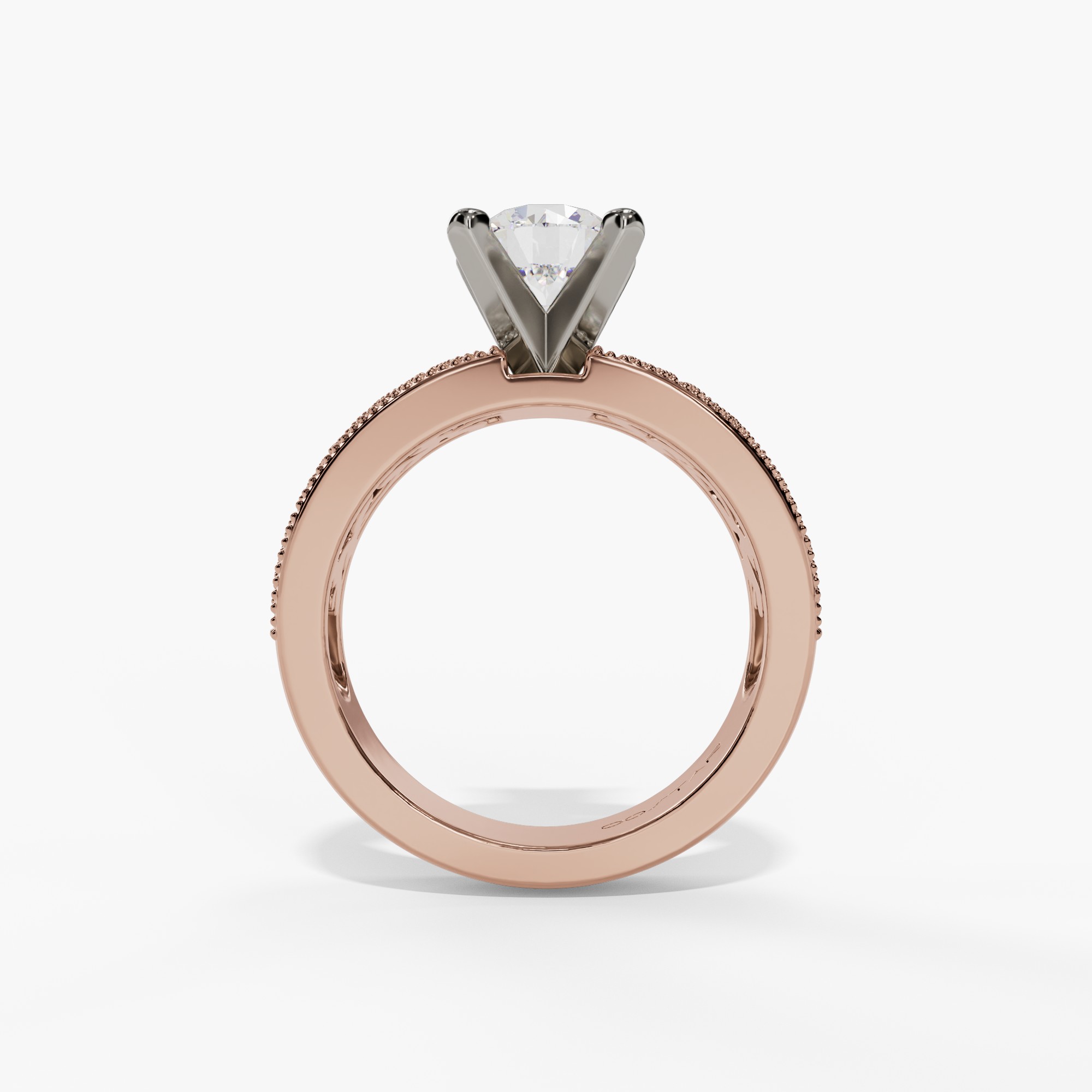 Floral Round Engagement Ring Setting With Vintage Openwork Natural Diamond Wide Band in 14k White & Rose Gold — full ring view