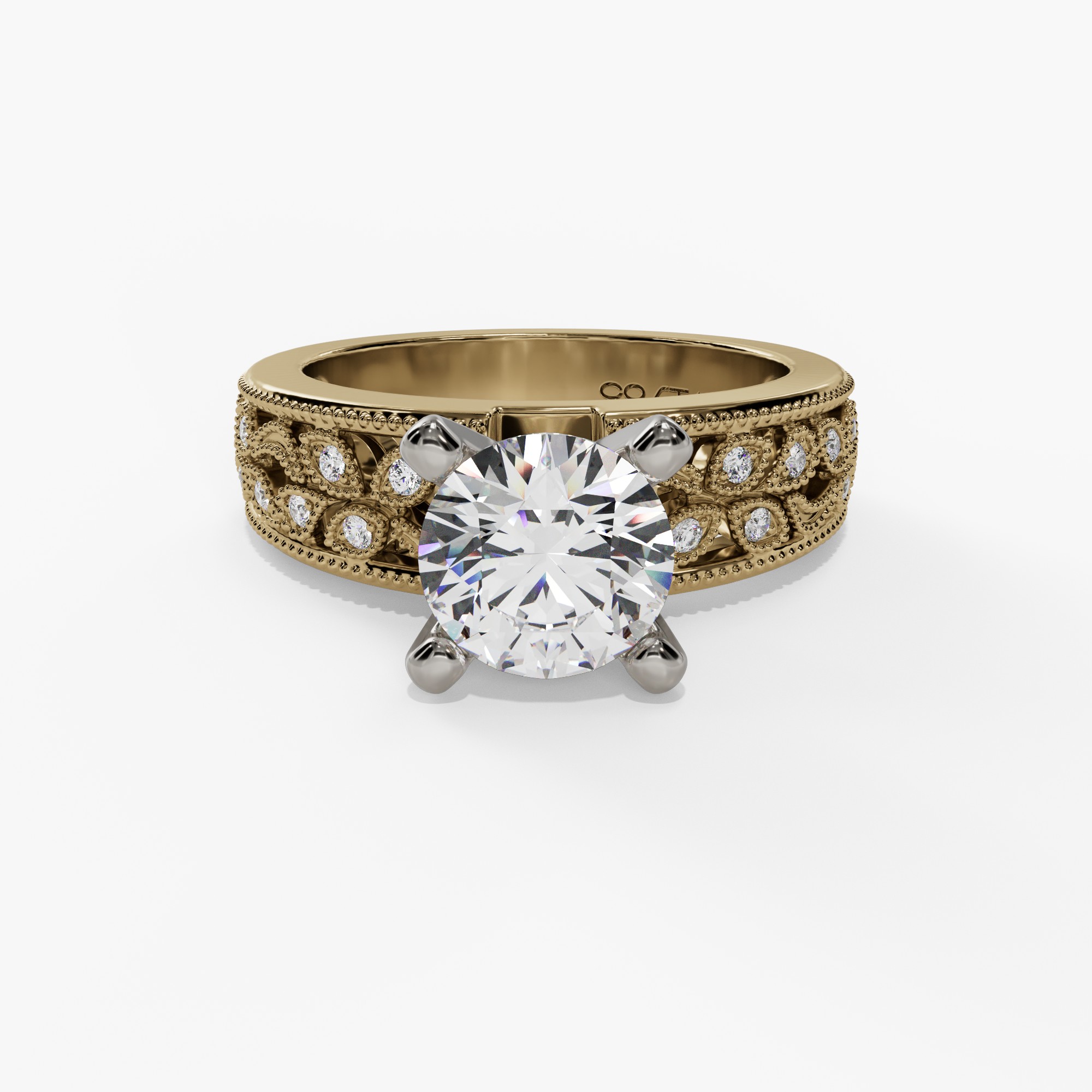 Floral Round Engagement Ring Setting With Vintage Openwork Natural Diamond Wide Band in 14k White & Yellow Gold — front view