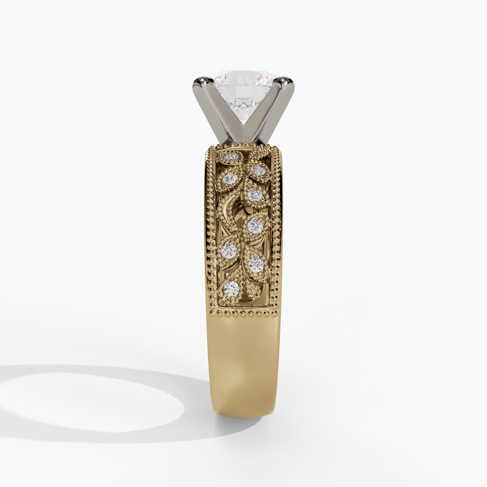Floral Round Engagement Ring Setting With Vintage Openwork Natural Diamond Wide Band in 14k White & Yellow Gold — side view