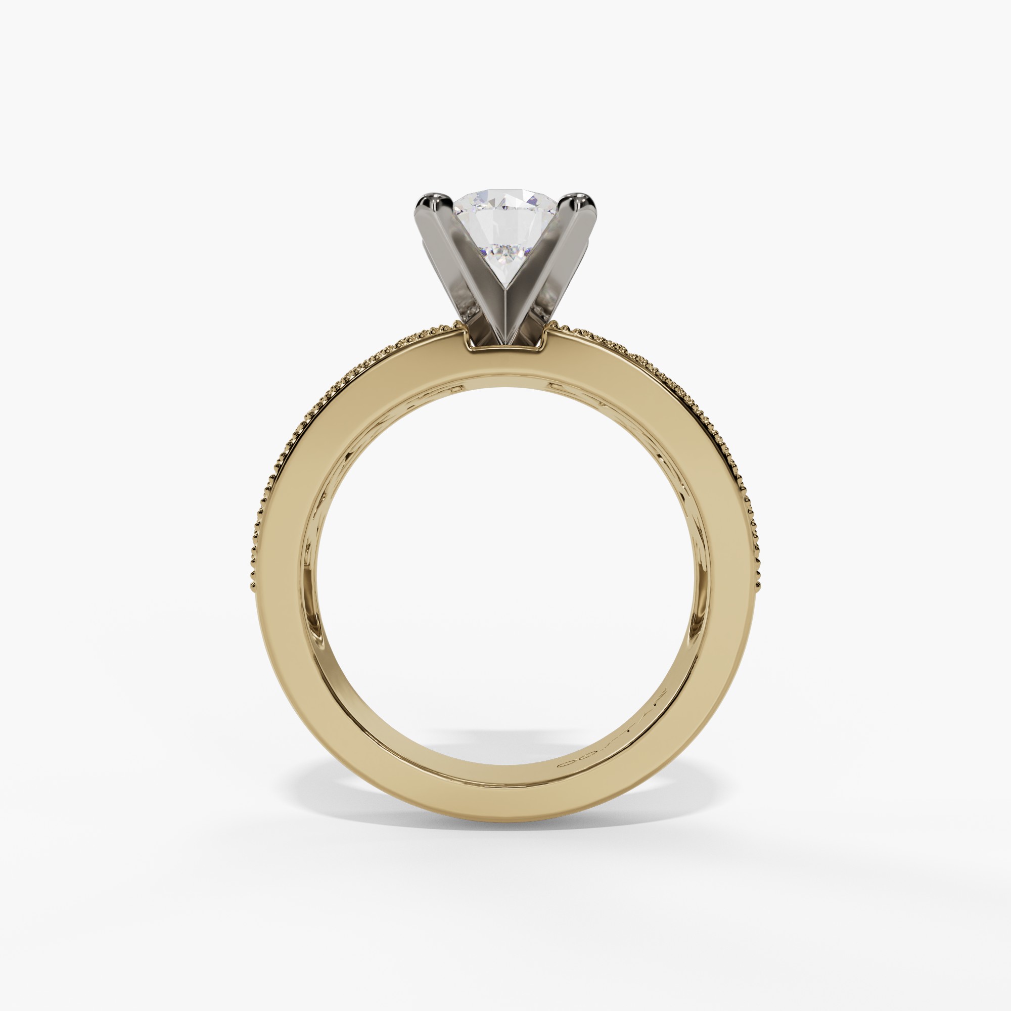 Floral Round Engagement Ring Setting With Vintage Openwork Natural Diamond Wide Band in 14k White & Yellow Gold — full ring view