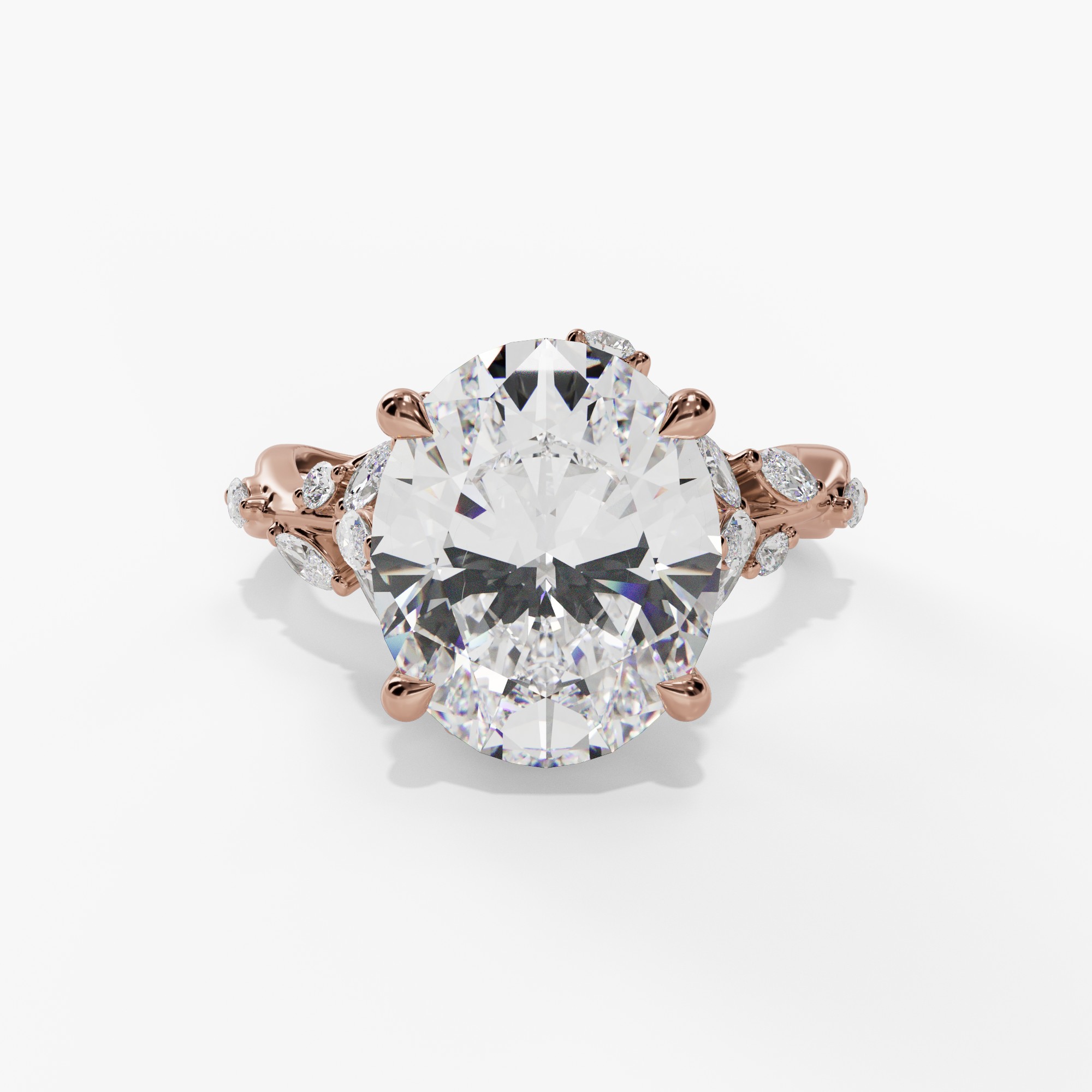 Floral Twisted-Shank Oval Engagement Ring Setting With Marquise Natural Diamond Accents in 14k Rose Gold — front view