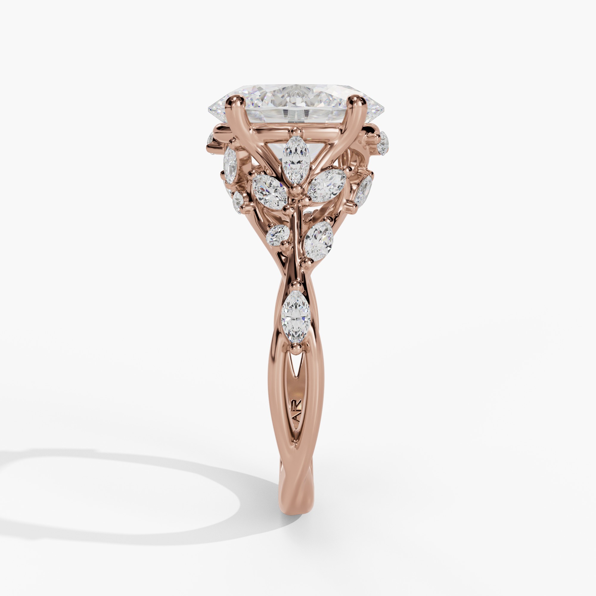 Floral Twisted-Shank Oval Engagement Ring Setting With Marquise Natural Diamond Accents in 14k Rose Gold — side view