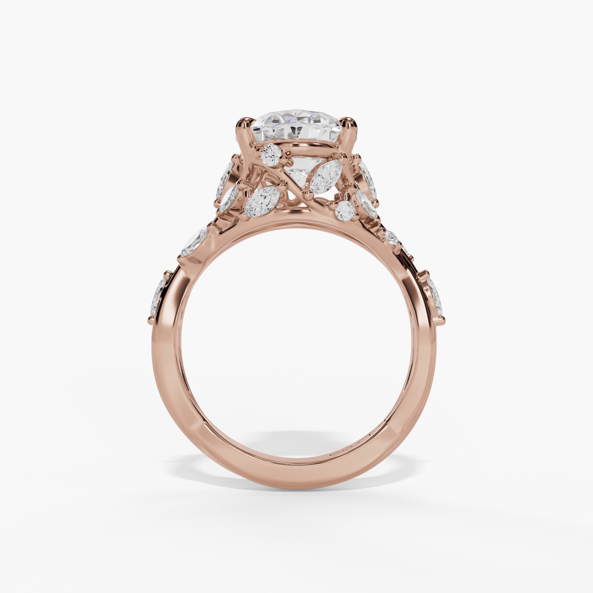 Floral Twisted-Shank Oval Engagement Ring Setting With Marquise Natural Diamond Accents in 14k Rose Gold — full ring view