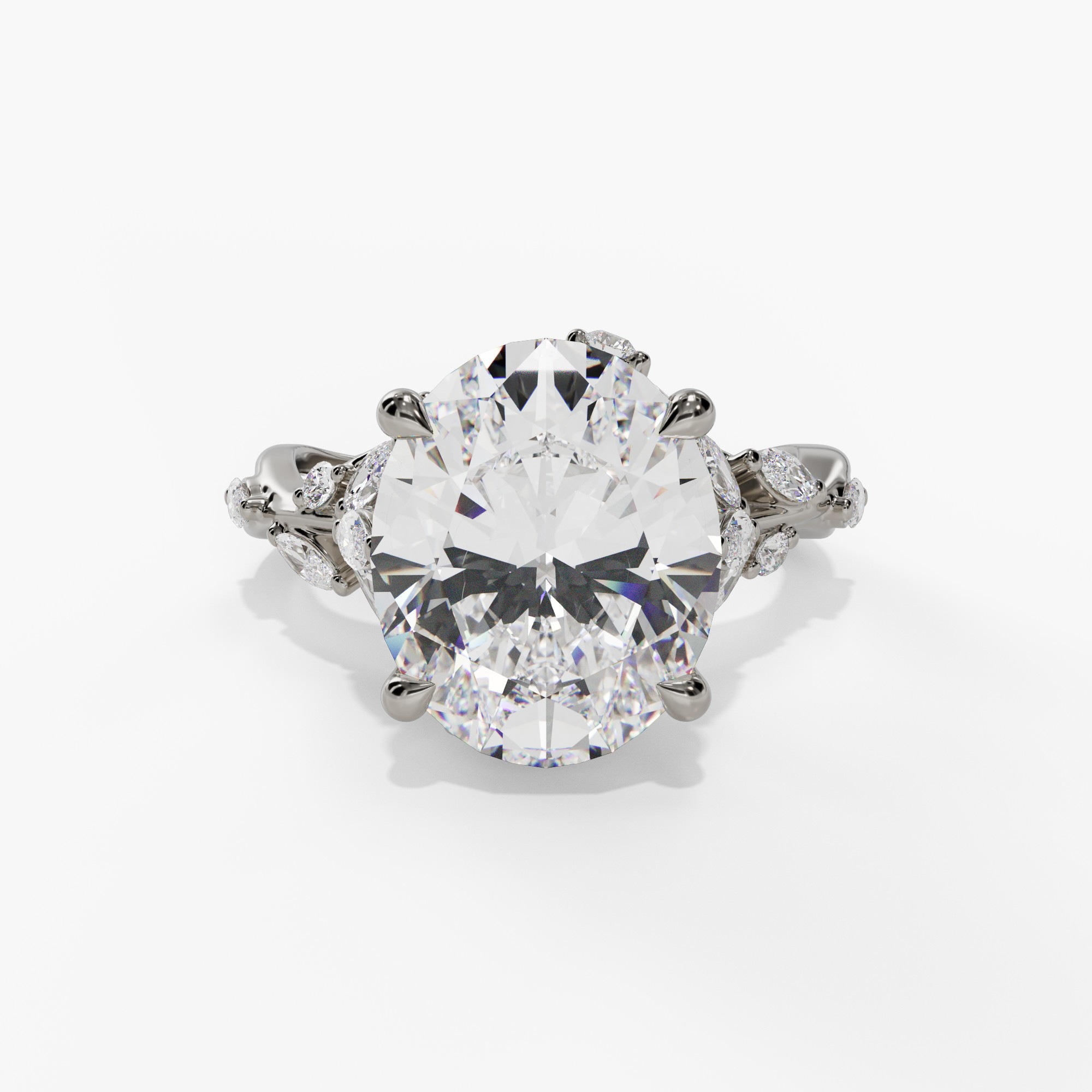 Floral Twisted-Shank Oval Engagement Ring Setting With Marquise Natural Diamond Accents in 14k White Gold — front view