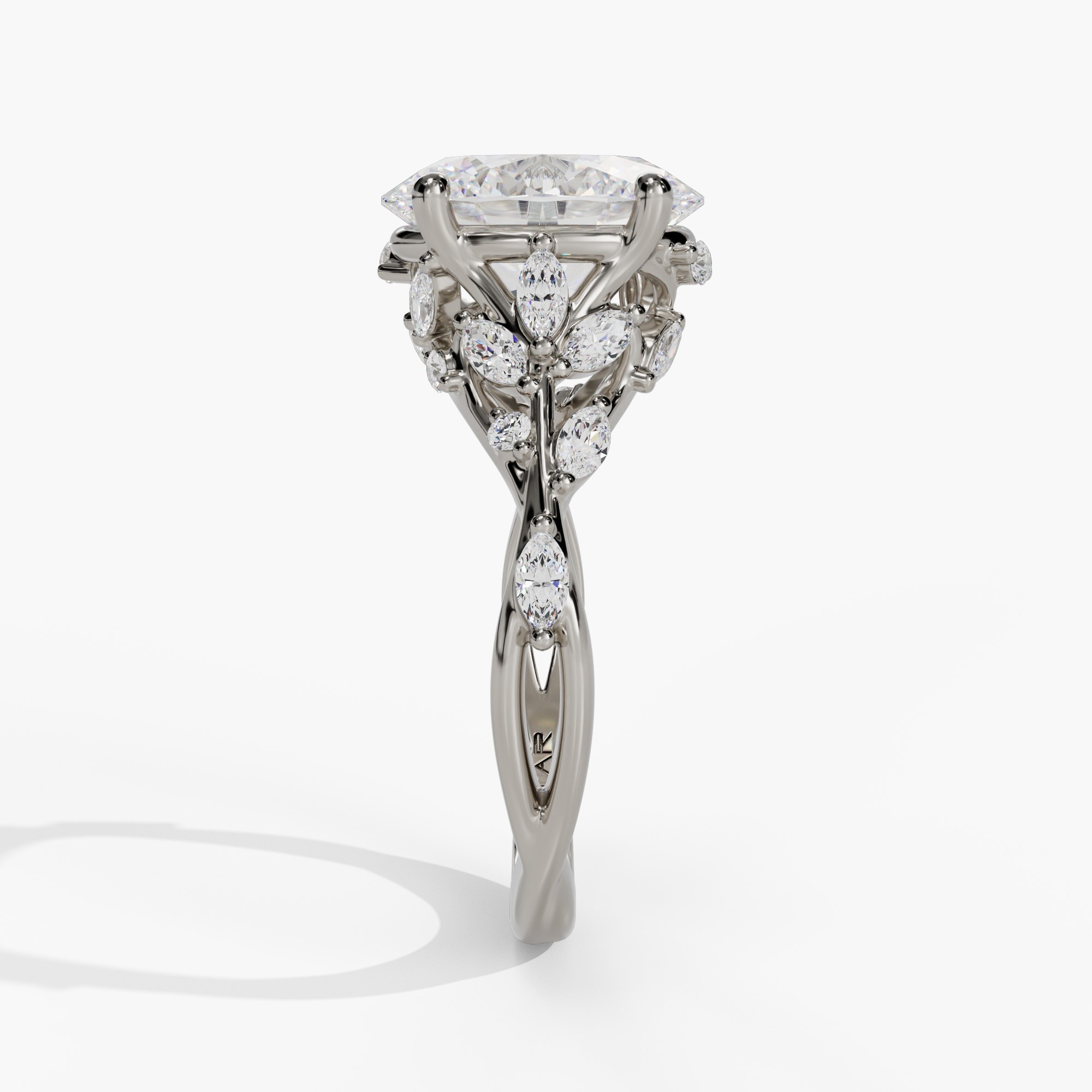 Floral Twisted-Shank Oval Engagement Ring Setting With Marquise Natural Diamond Accents in 14k White Gold — side view