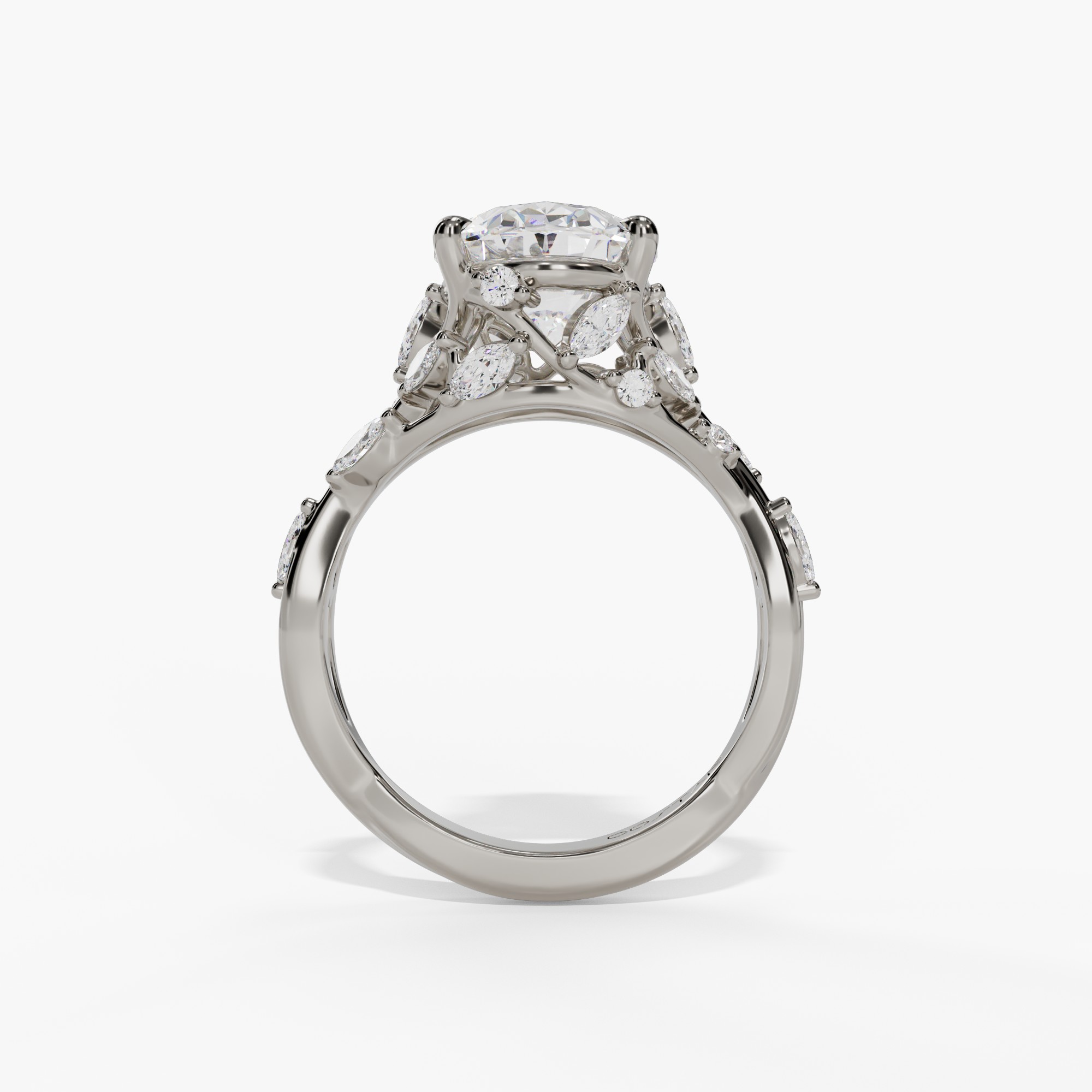 Floral Twisted-Shank Oval Engagement Ring Setting With Marquise Natural Diamond Accents in 14k White Gold — full ring view
