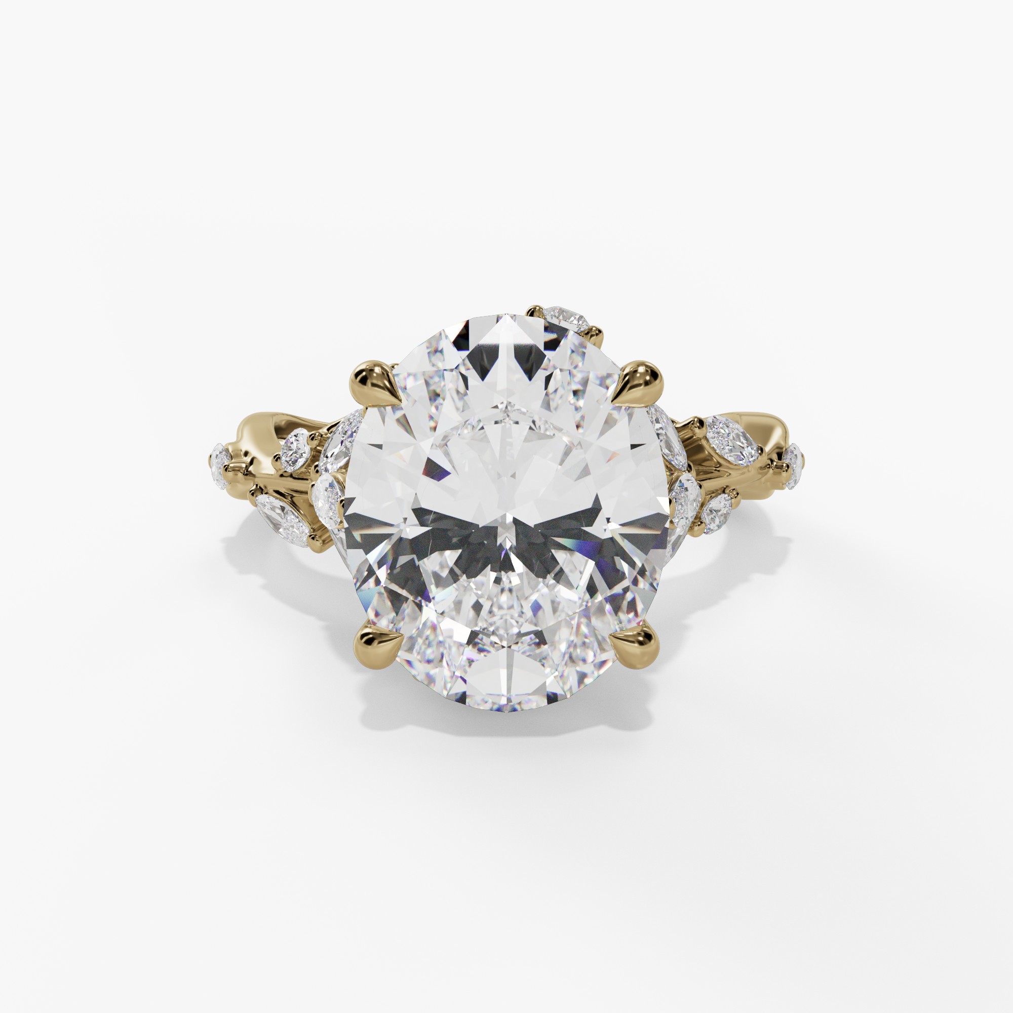 Floral Twisted-Shank Oval Engagement Ring Setting With Marquise Natural Diamond Accents in 14k Yellow Gold — front view