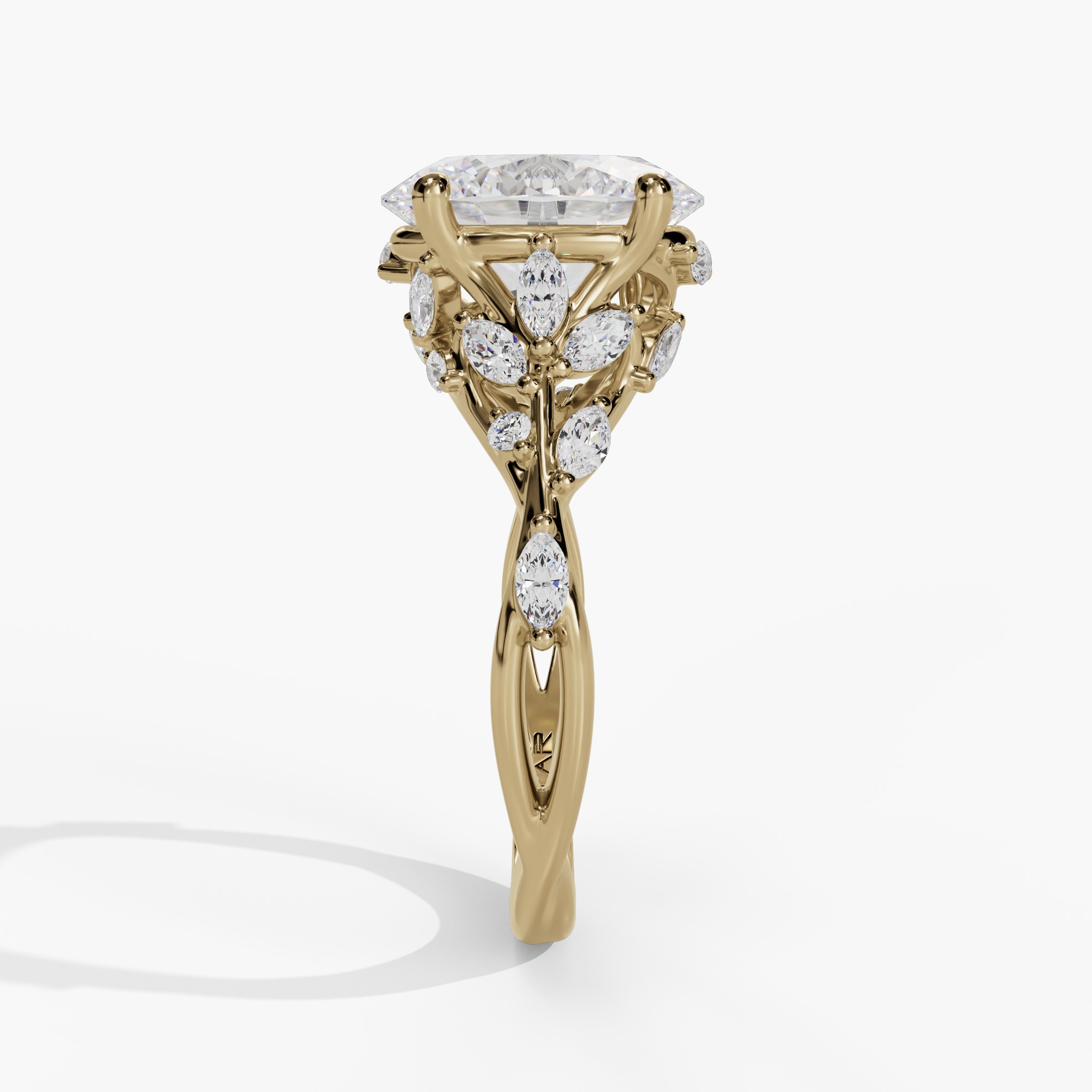 Floral Twisted-Shank Oval Engagement Ring Setting With Marquise Natural Diamond Accents in 14k Yellow Gold — side view
