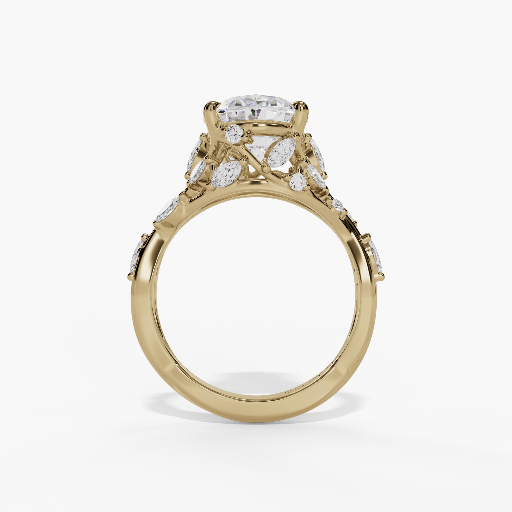 Floral Twisted-Shank Oval Engagement Ring Setting With Marquise Natural Diamond Accents in 14k Yellow Gold — full ring view