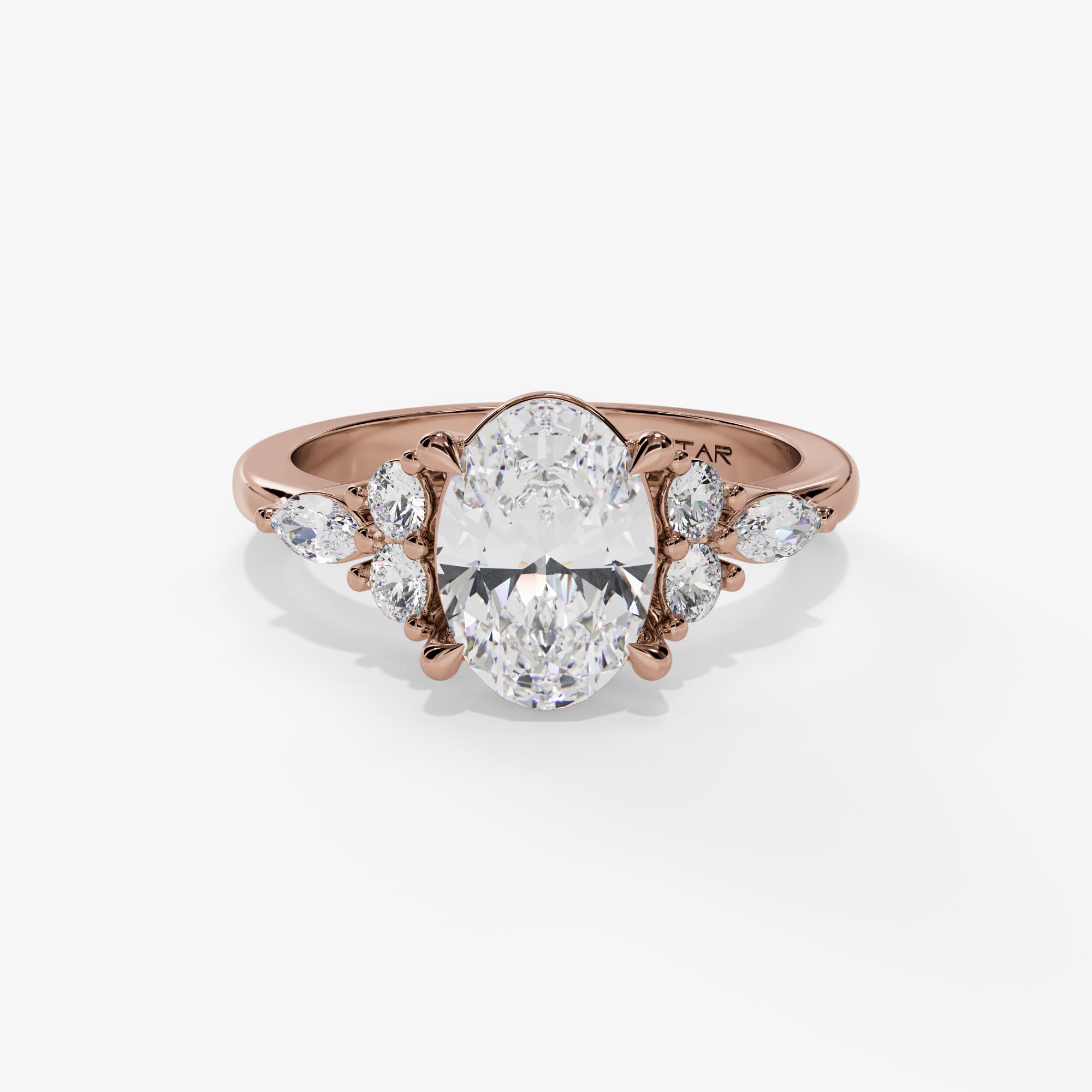 Oval Engagement Ring Setting With Clustered Natural Diamond Side Stones in 14k Rose Gold — front view