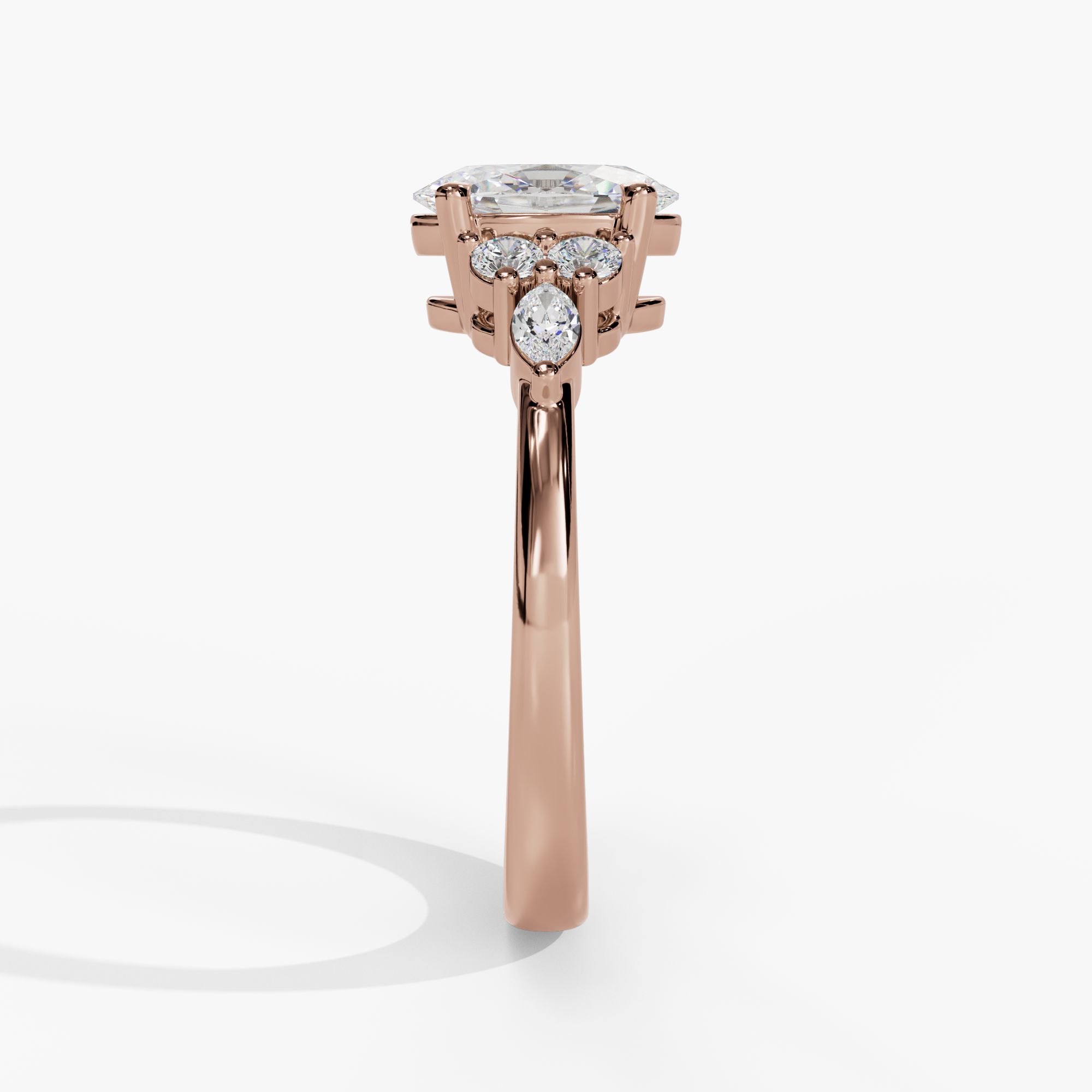 Oval Engagement Ring Setting With Clustered Natural Diamond Side Stones in 14k Rose Gold — side view