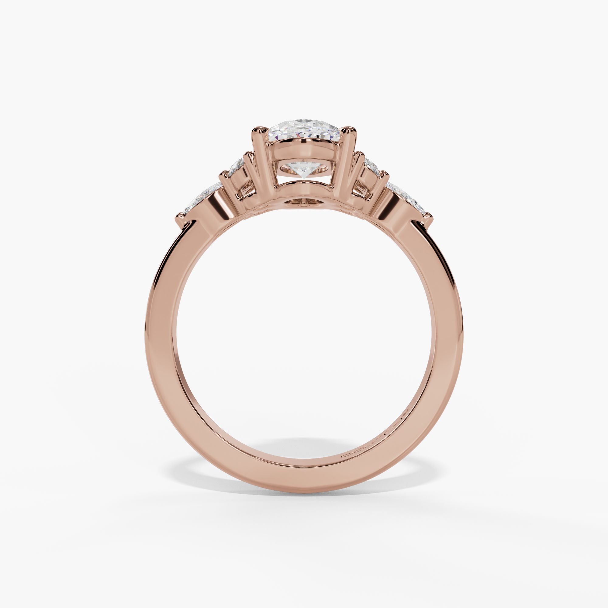 Oval Engagement Ring Setting With Clustered Natural Diamond Side Stones in 14k Rose Gold — full ring view