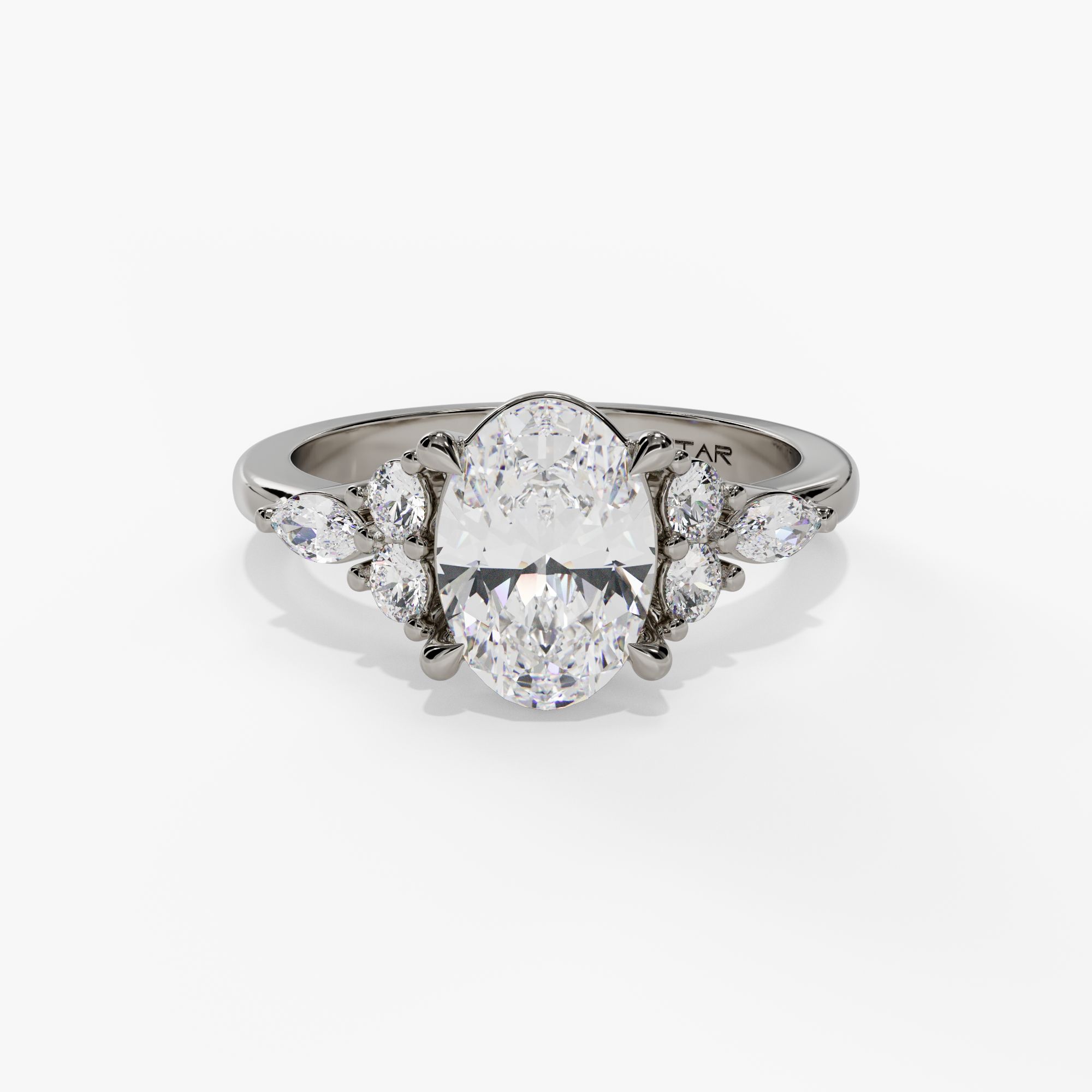 Oval Engagement Ring Setting With Clustered Natural Diamond Side Stones in 14k White Gold — front view