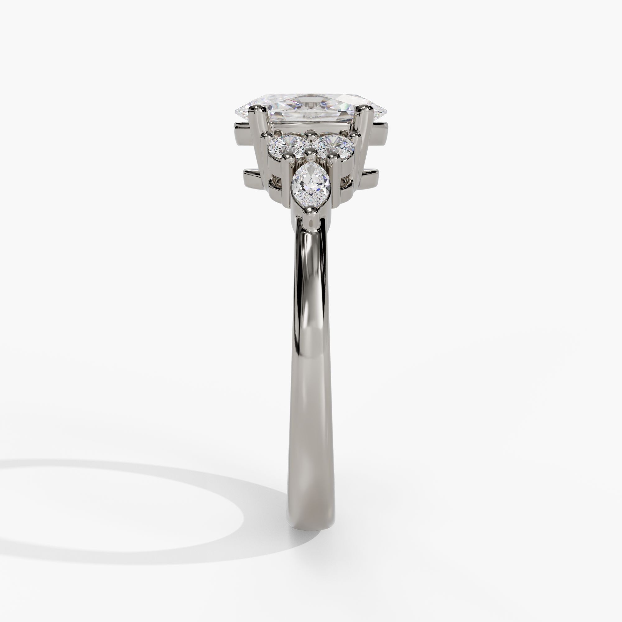 Oval Engagement Ring Setting With Clustered Natural Diamond Side Stones in 14k White Gold — side view