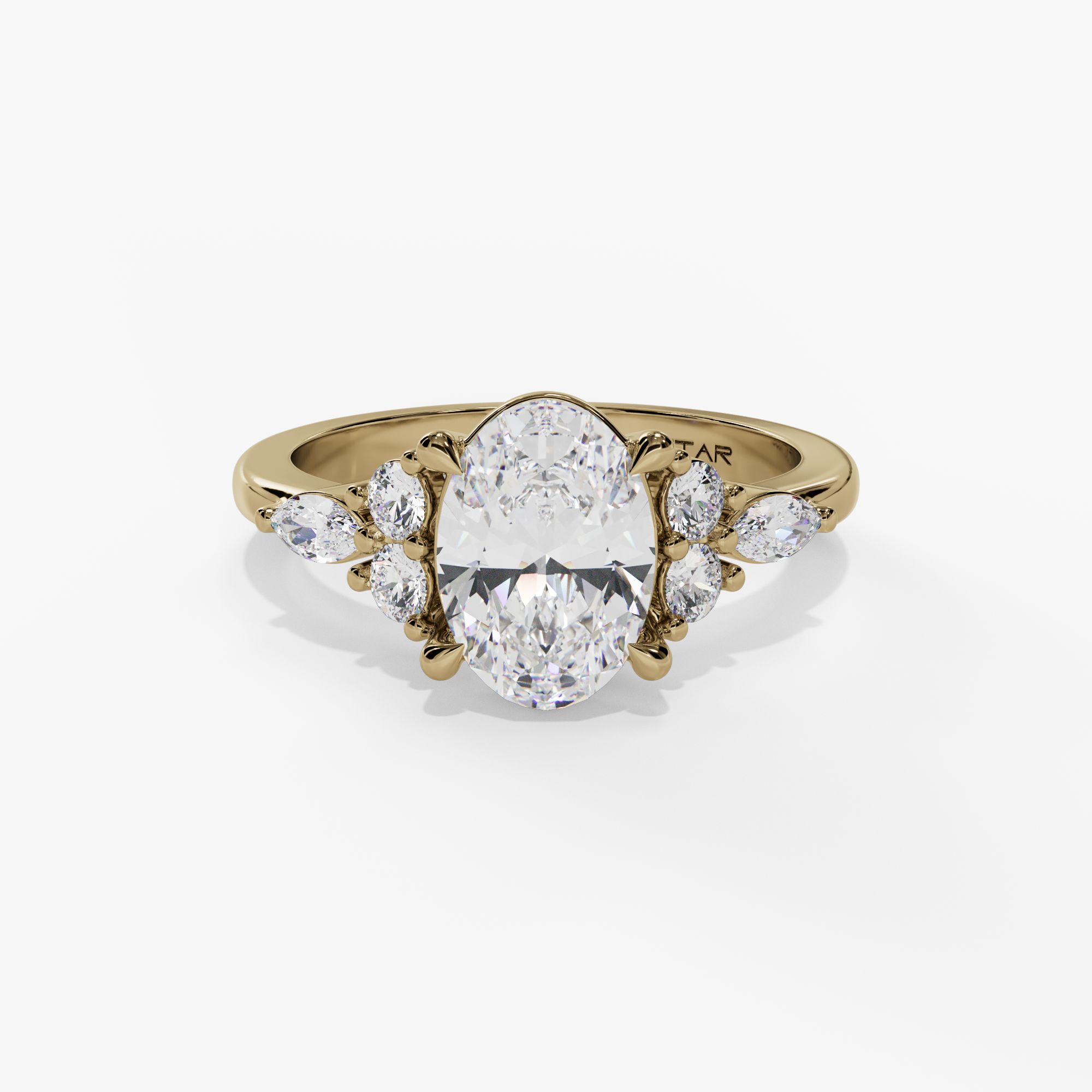 Oval Engagement Ring Setting With Clustered Natural Diamond Side Stones in 14k Yellow Gold — front view