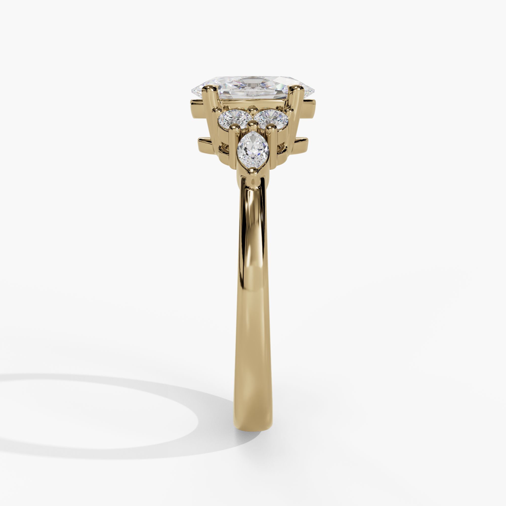 Oval Engagement Ring Setting With Clustered Natural Diamond Side Stones in 14k Yellow Gold — side view