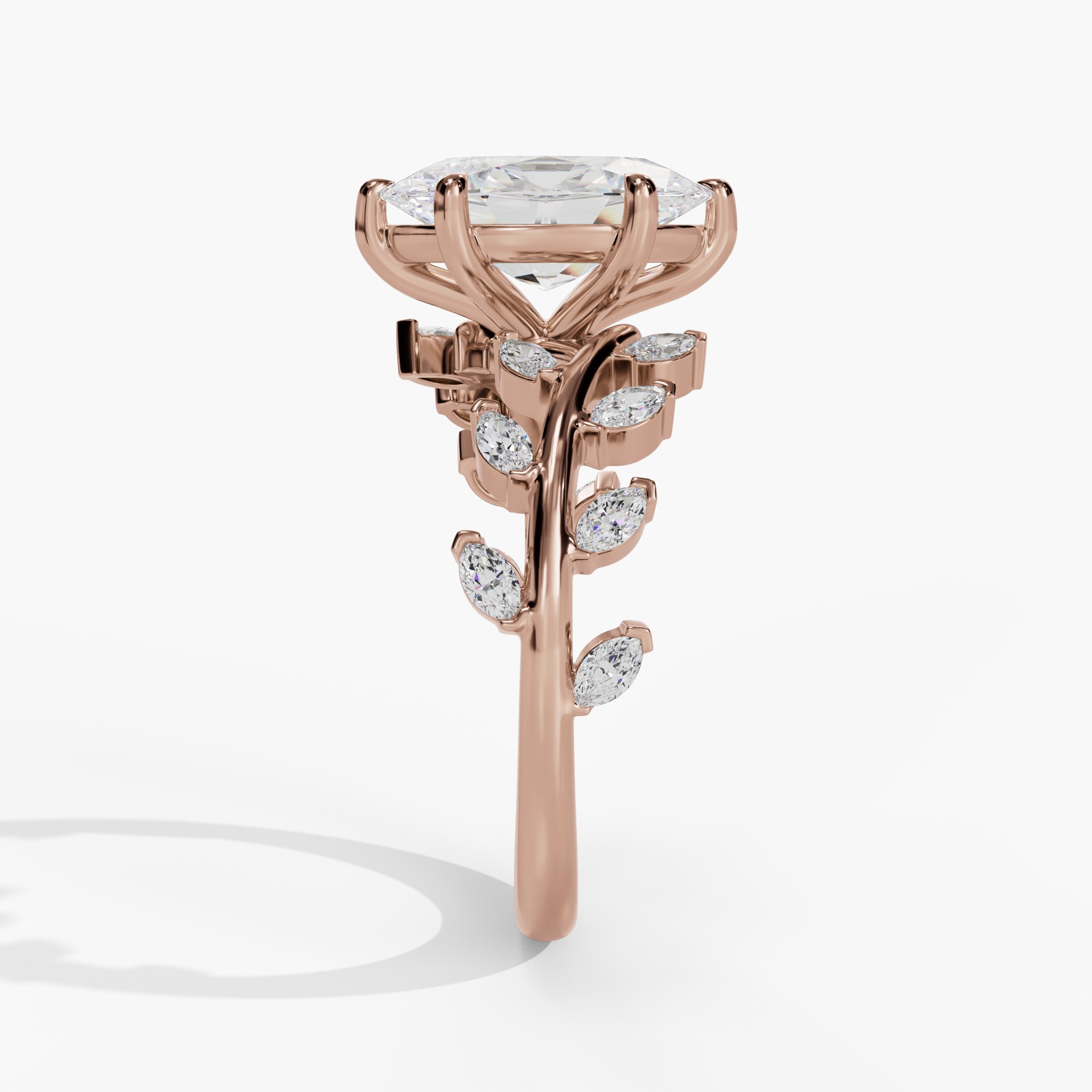 Oval Engagement Ring Setting With Marquise Natural Diamond Vine Accents in 14k Rose Gold — side view