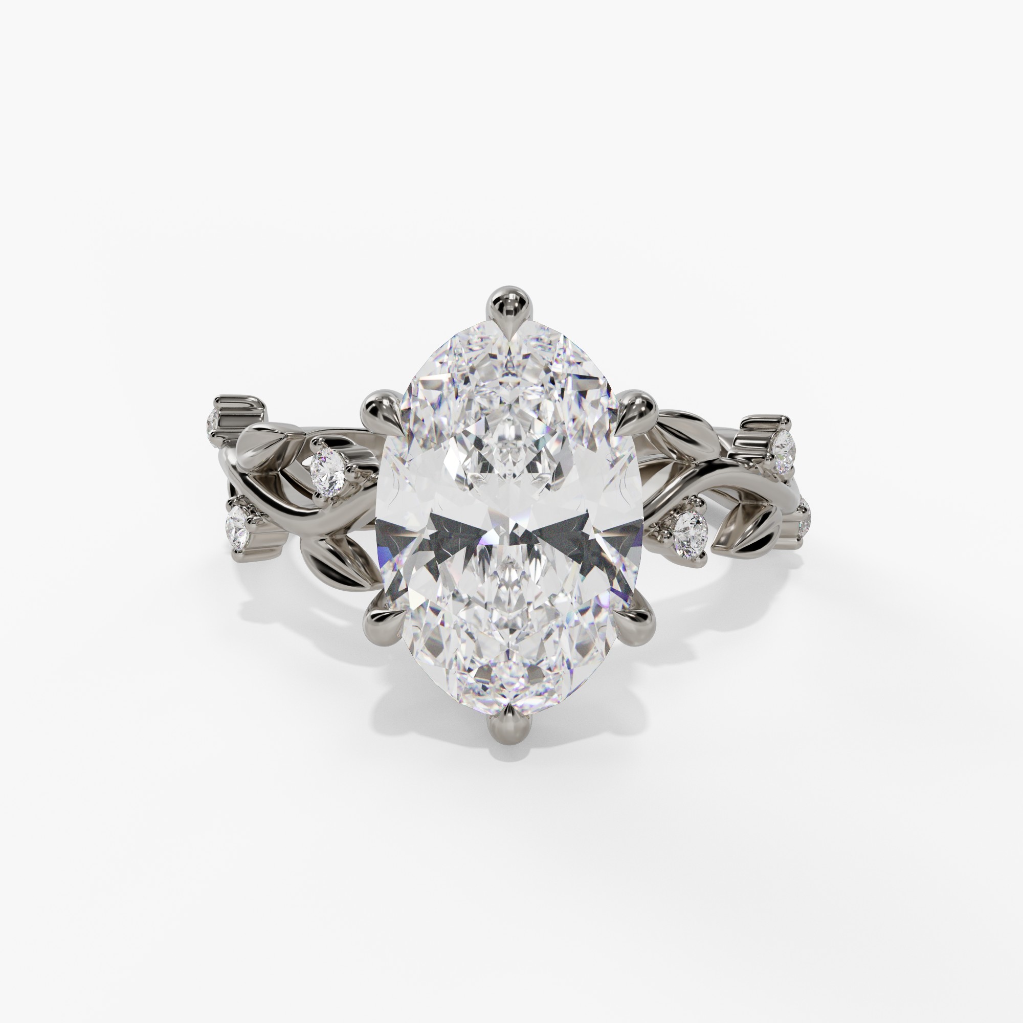 Oval Engagement Ring Setting With Marquise Natural Diamond Vine Accents in 14k White Gold — front view