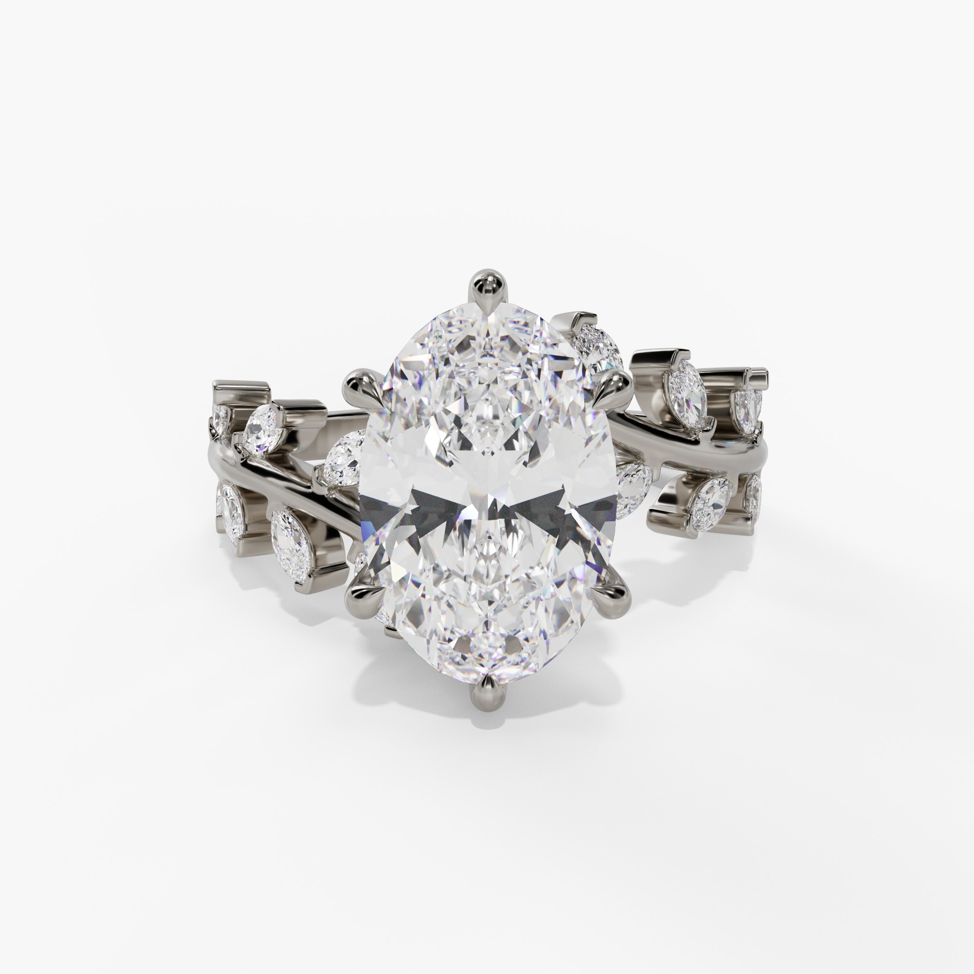 Oval Engagement Ring Setting With Marquise Natural Diamond Vine Accents in 14k White Gold — front view