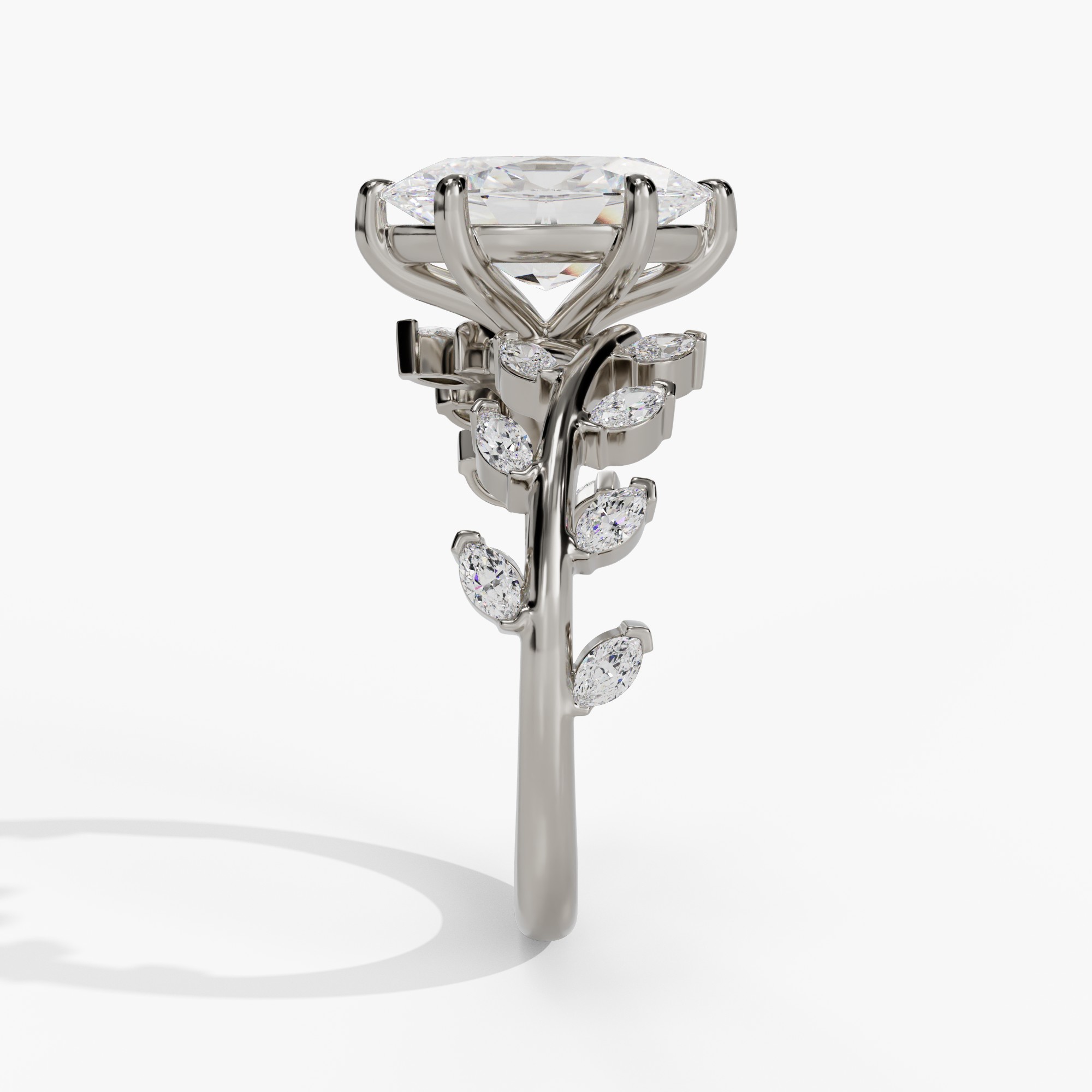 Oval Engagement Ring Setting With Marquise Natural Diamond Vine Accents in 14k White Gold — side view