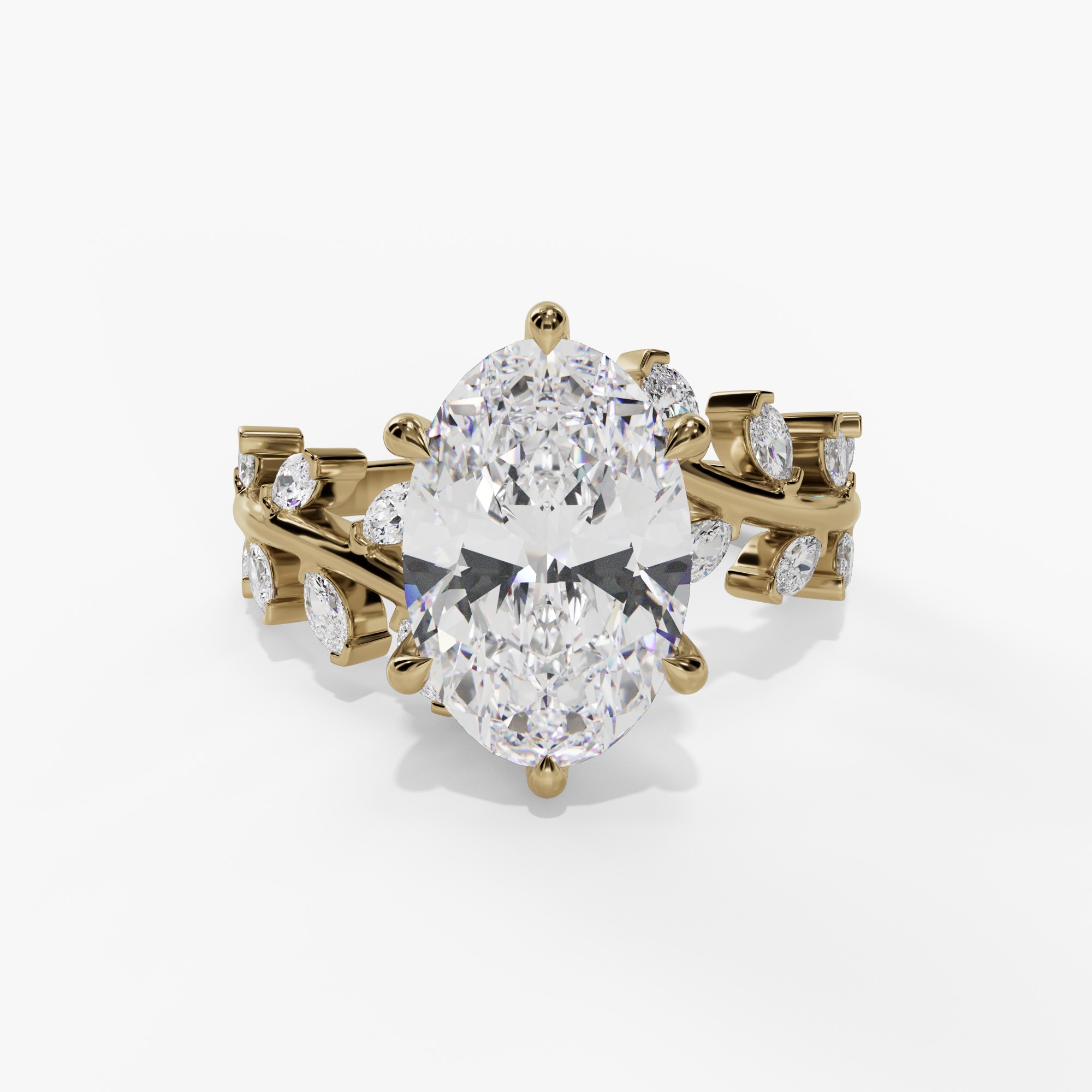 Oval Engagement Ring Setting With Marquise Natural Diamond Vine Accents in 14k Yellow Gold — front view