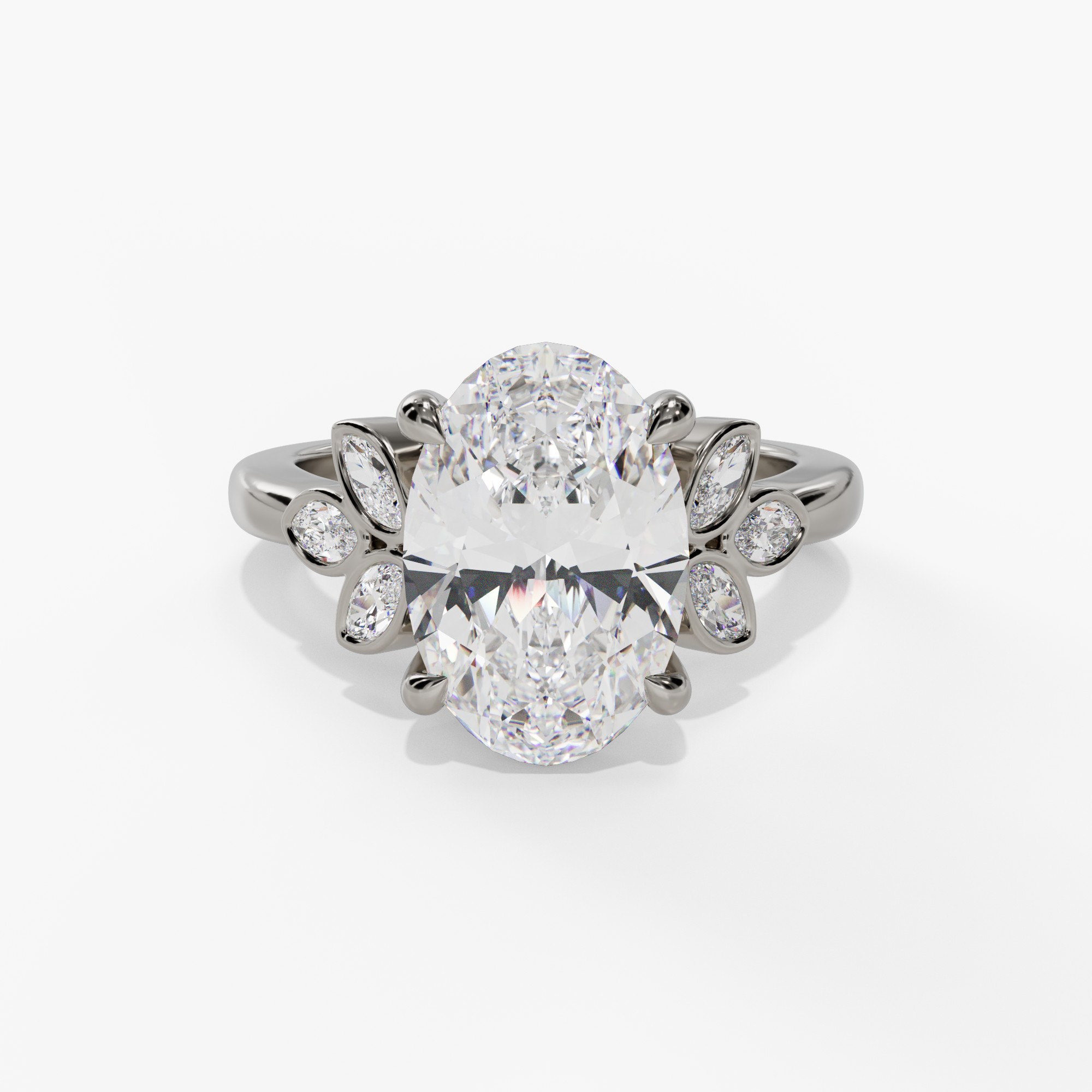 Oval Engagement Ring Setting With Marquise & Round Natural Diamond Side Accents in 14k White Gold — front view