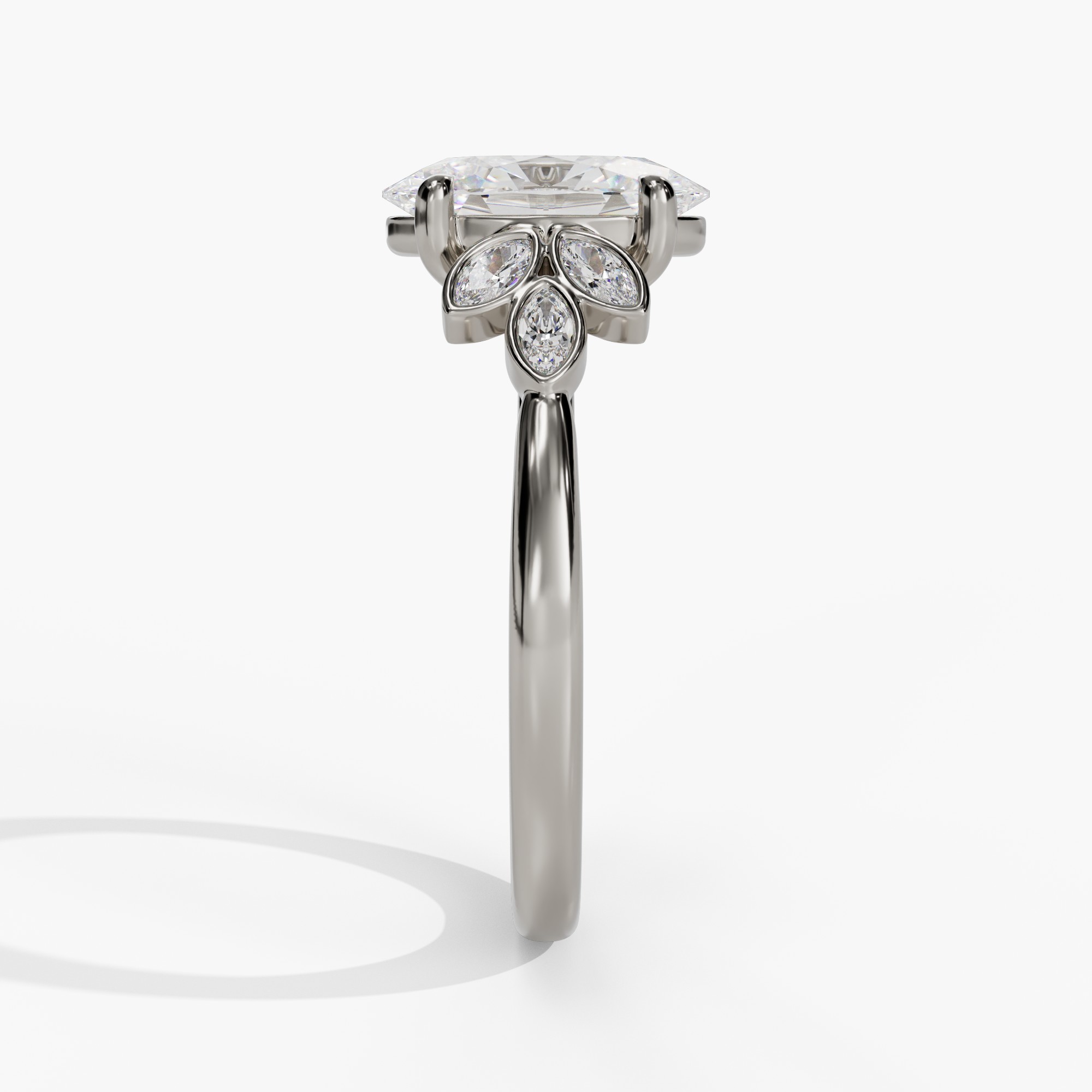 Oval Engagement Ring Setting With Marquise & Round Natural Diamond Side Accents in 14k White Gold — side view
