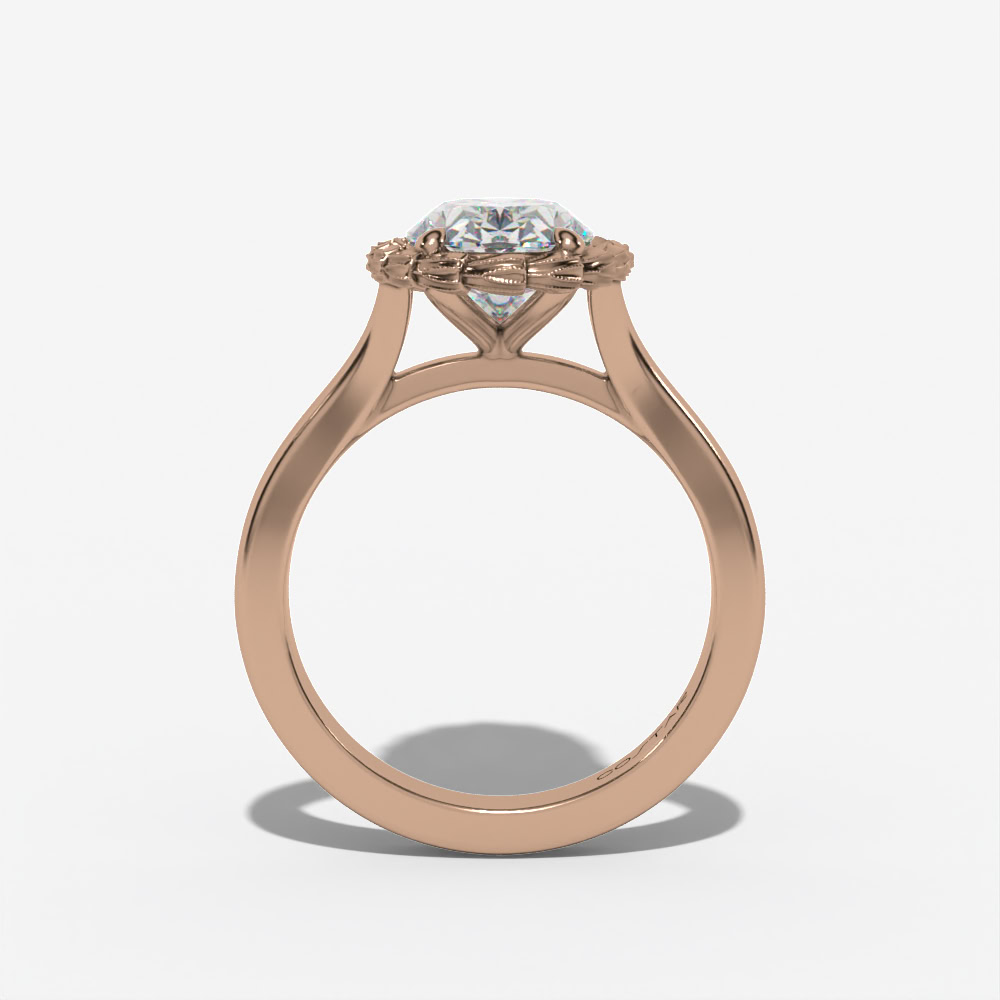 Oval Engagement Ring Setting With Pear-Shaped Natural Diamond Side Accents in 14k Rose Gold — full ring view