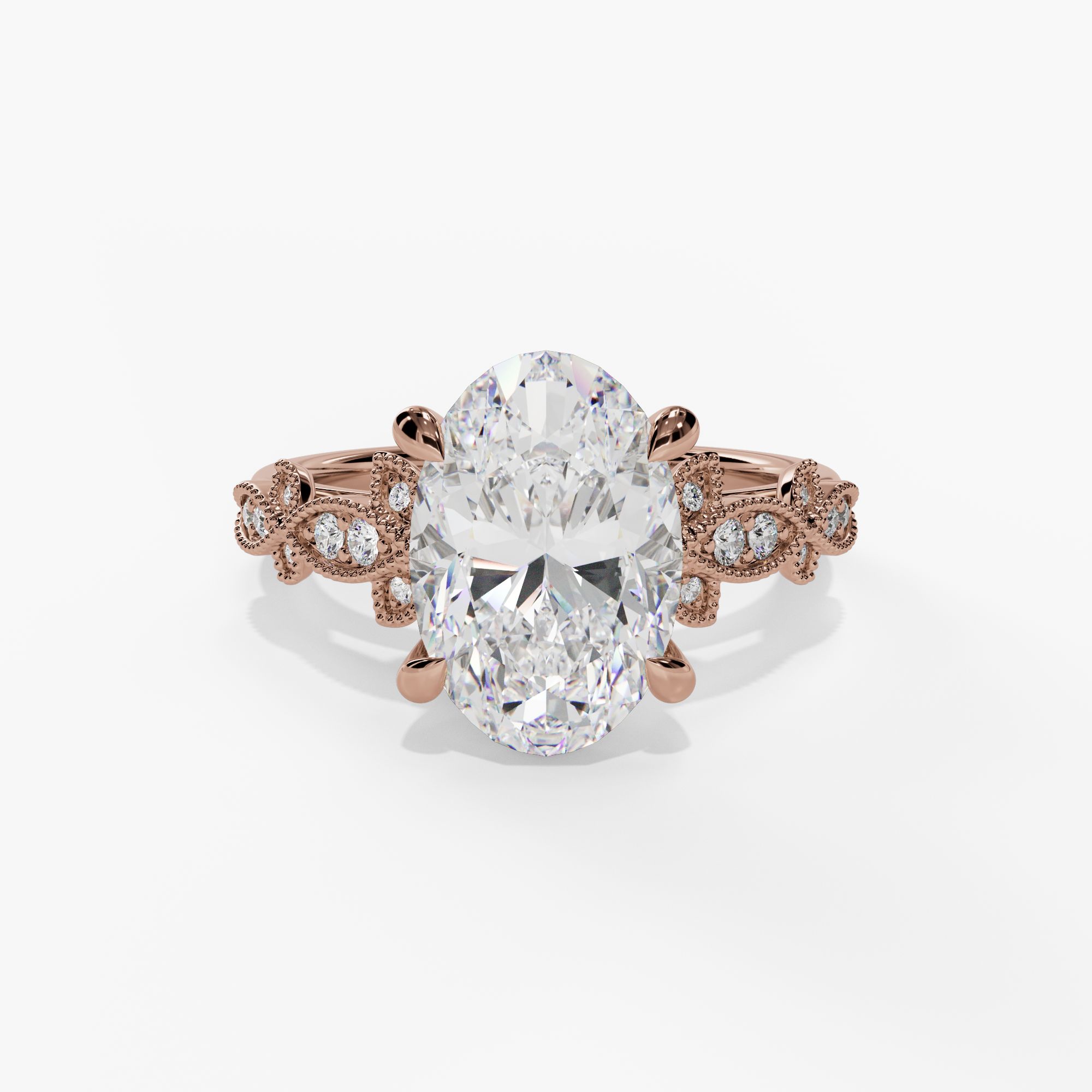 Oval Engagement Ring Setting With Pear-Shaped Natural Diamond Side Accents in 14k Rose Gold — front view