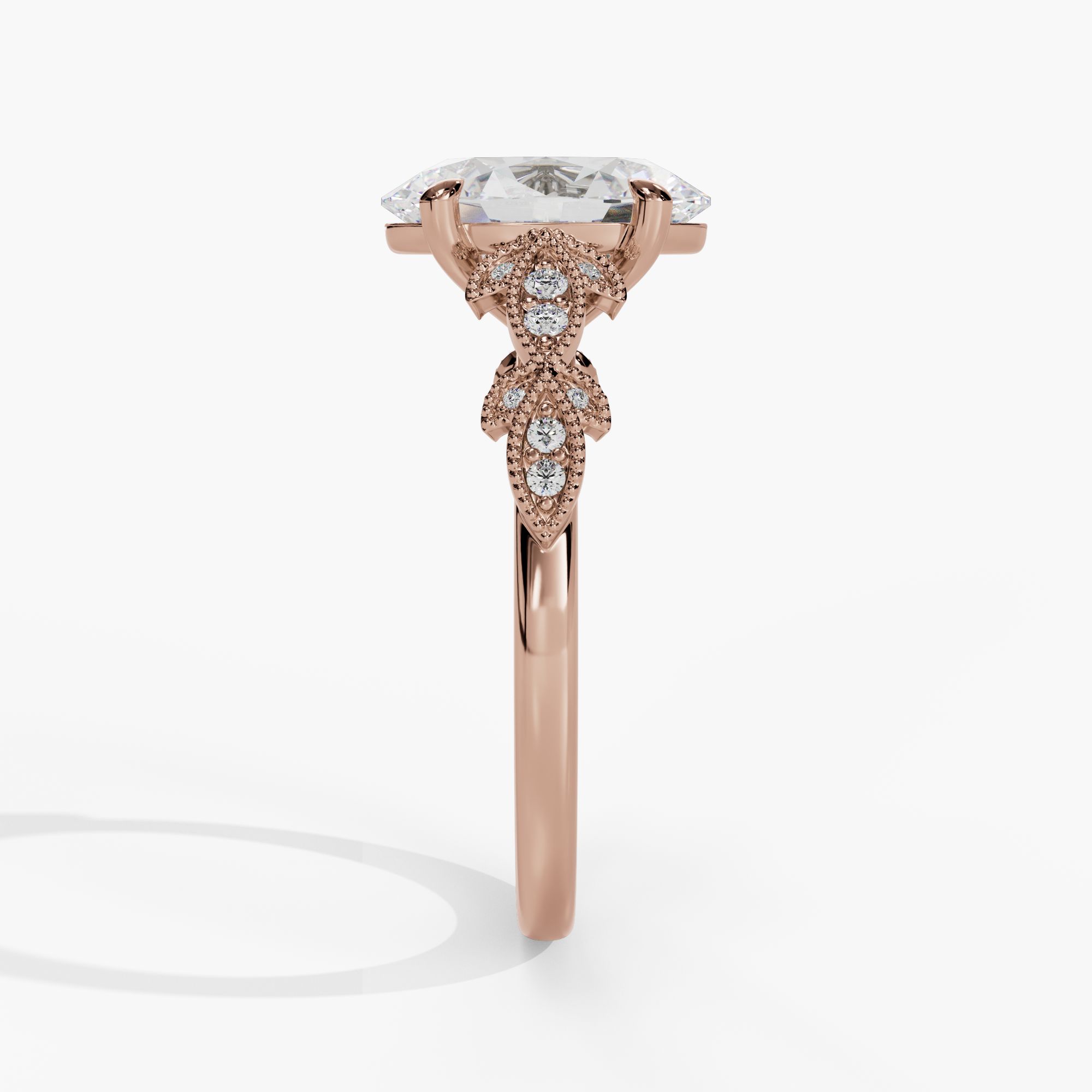 Oval Engagement Ring Setting With Pear-Shaped Natural Diamond Side Accents in 14k Rose Gold — side view