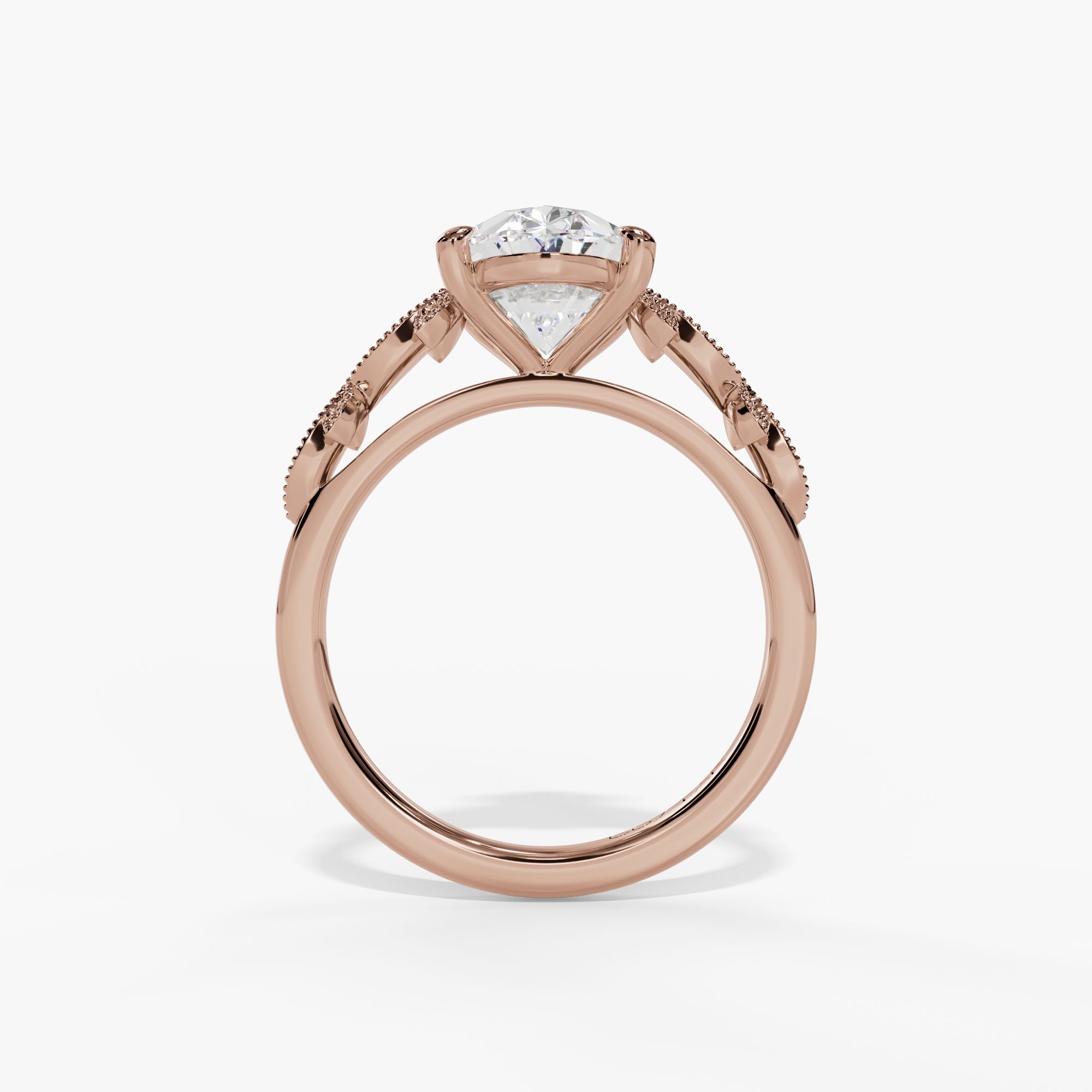 Oval Engagement Ring Setting With Pear-Shaped Natural Diamond Side Accents in 14k Rose Gold — full ring view