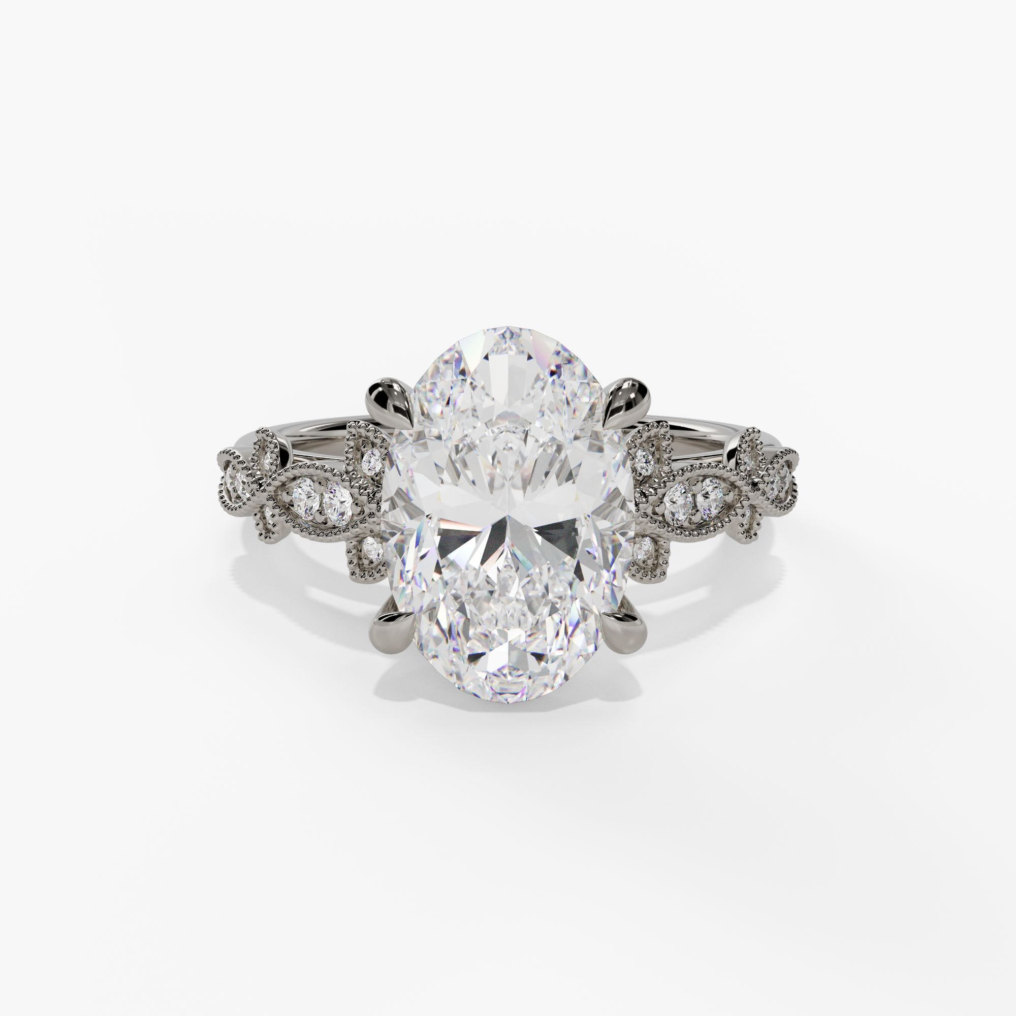 Oval Engagement Ring Setting With Pear-Shaped Natural Diamond Side Accents in 14k White Gold — front view
