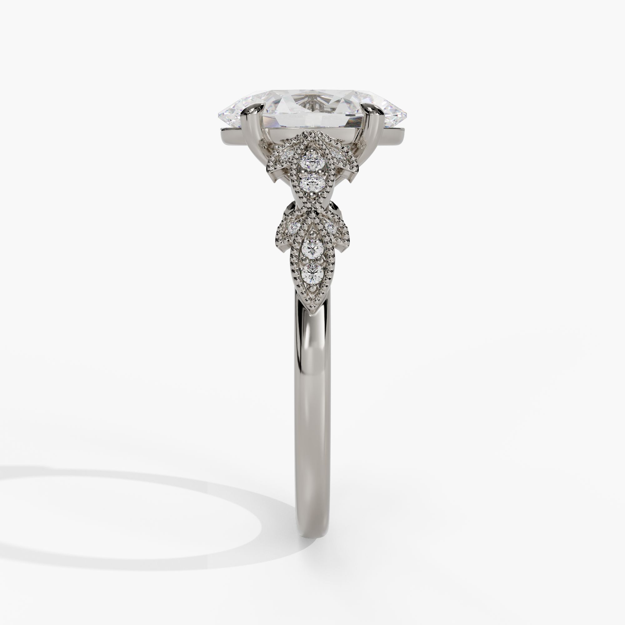 Oval Engagement Ring Setting With Pear-Shaped Natural Diamond Side Accents in 14k White Gold — side view