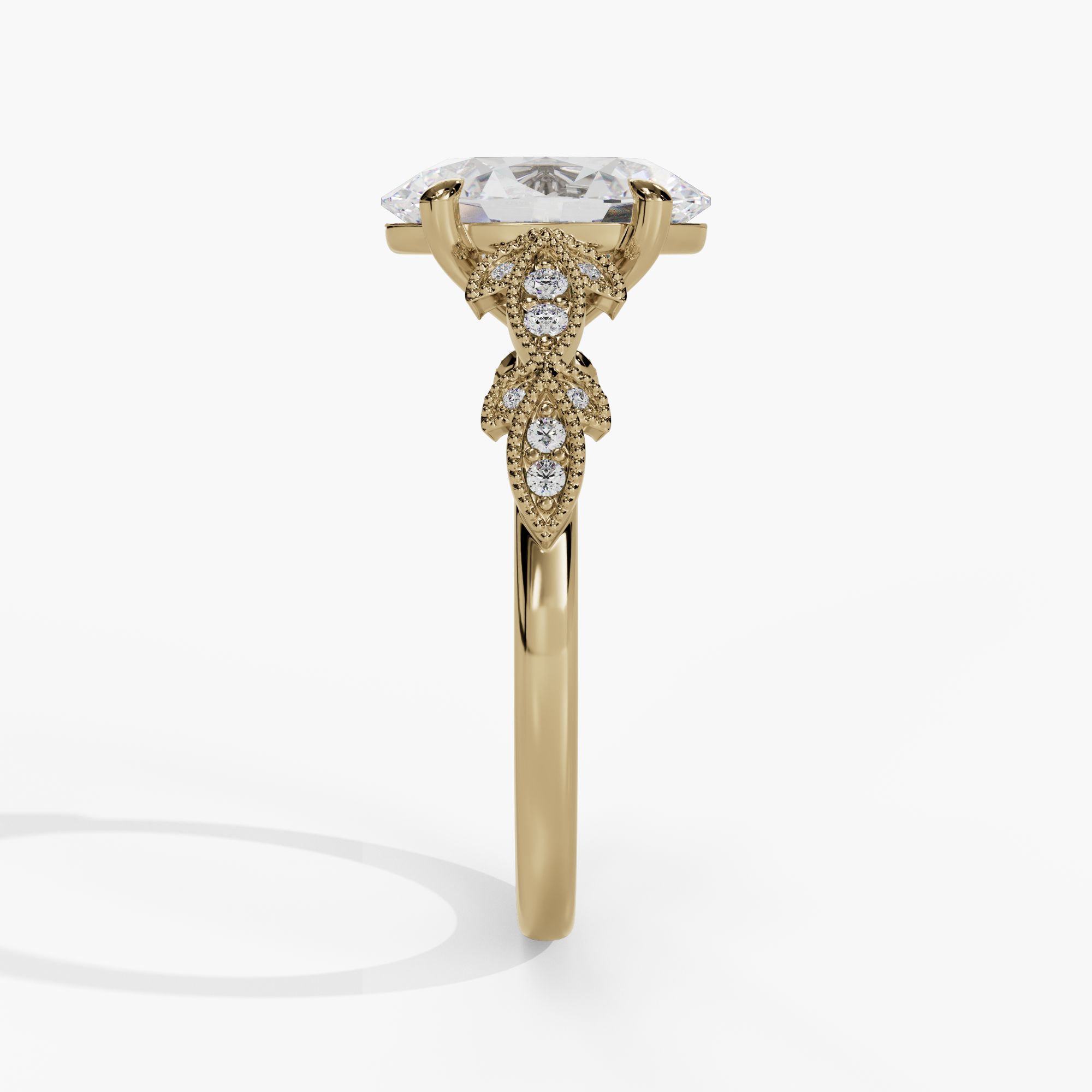 Oval Engagement Ring Setting With Pear-Shaped Natural Diamond Side Accents in 14k Yellow Gold — side view