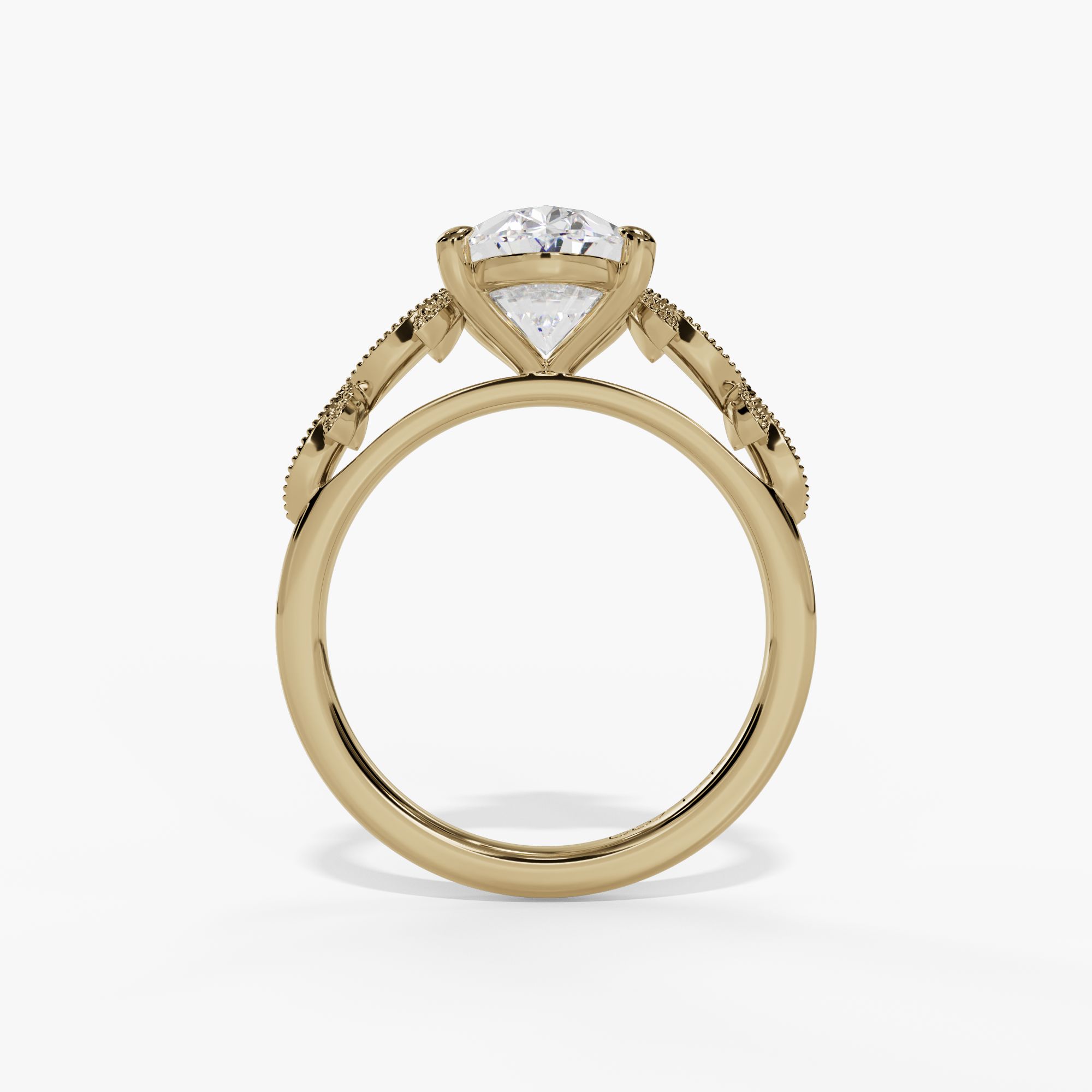 Oval Engagement Ring Setting With Pear-Shaped Natural Diamond Side Accents in 14k Yellow Gold — full ring view