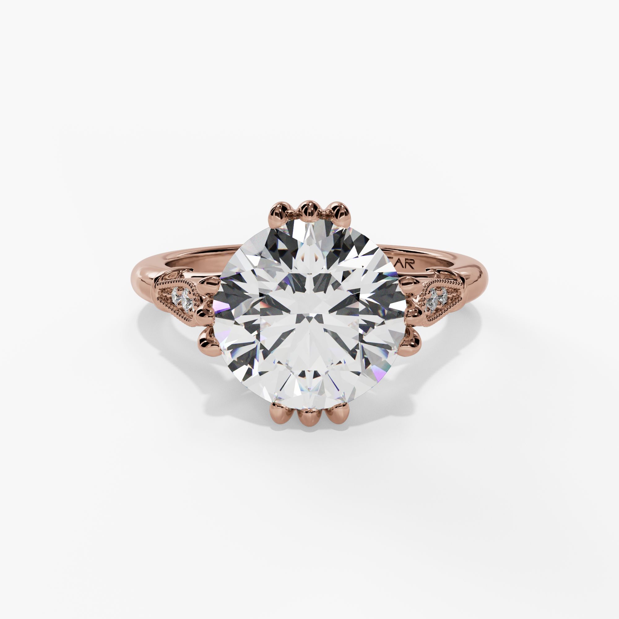 Round Engagement Ring Setting With Milgrain Natural Diamond Leaf Accents in 14k Rose Gold — front view