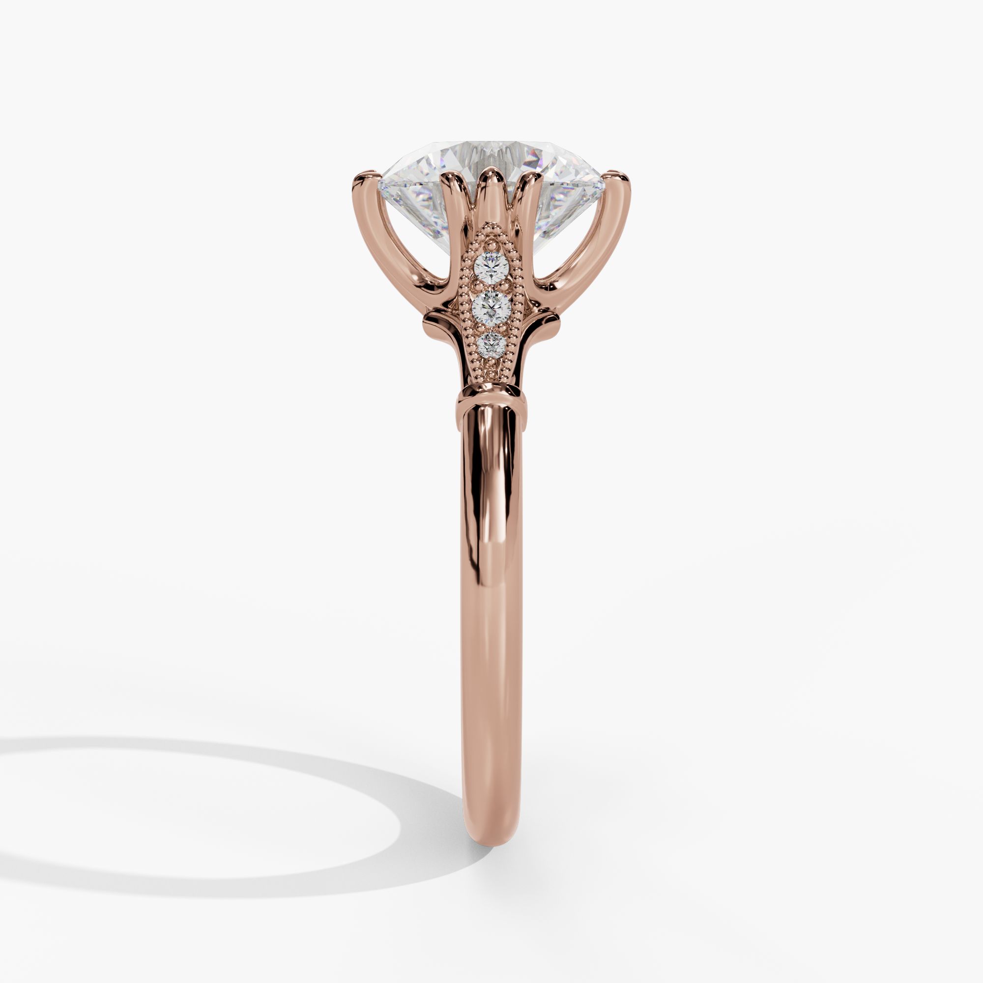 Round Engagement Ring Setting With Milgrain Natural Diamond Leaf Accents in 14k Rose Gold — side view