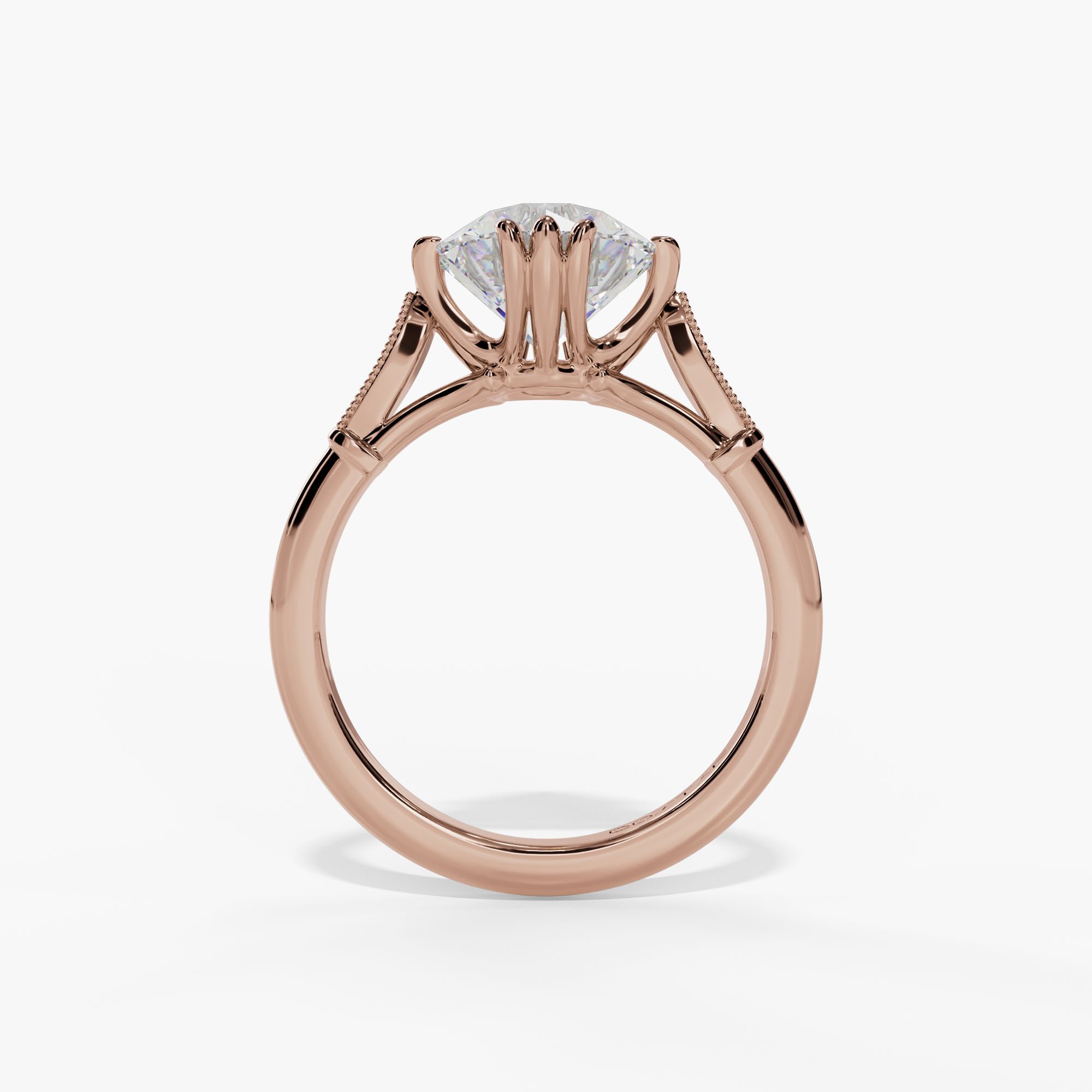 Round Engagement Ring Setting With Milgrain Natural Diamond Leaf Accents in 14k Rose Gold — full ring view
