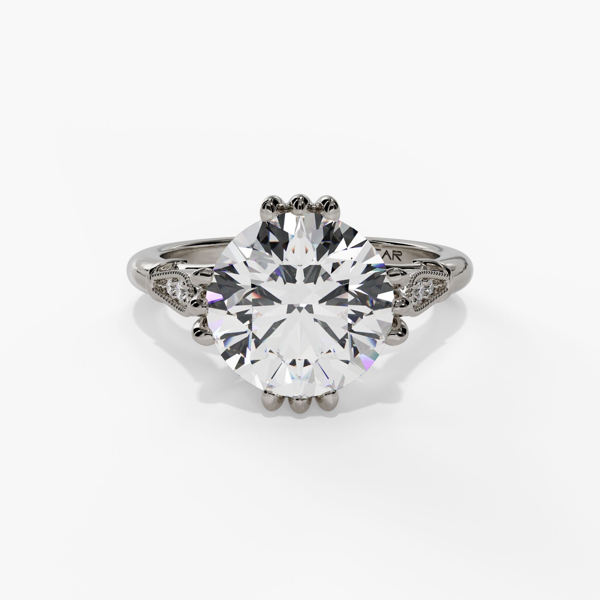 Round Engagement Ring Setting With Milgrain Natural Diamond Leaf Accents in 14k White Gold — front view