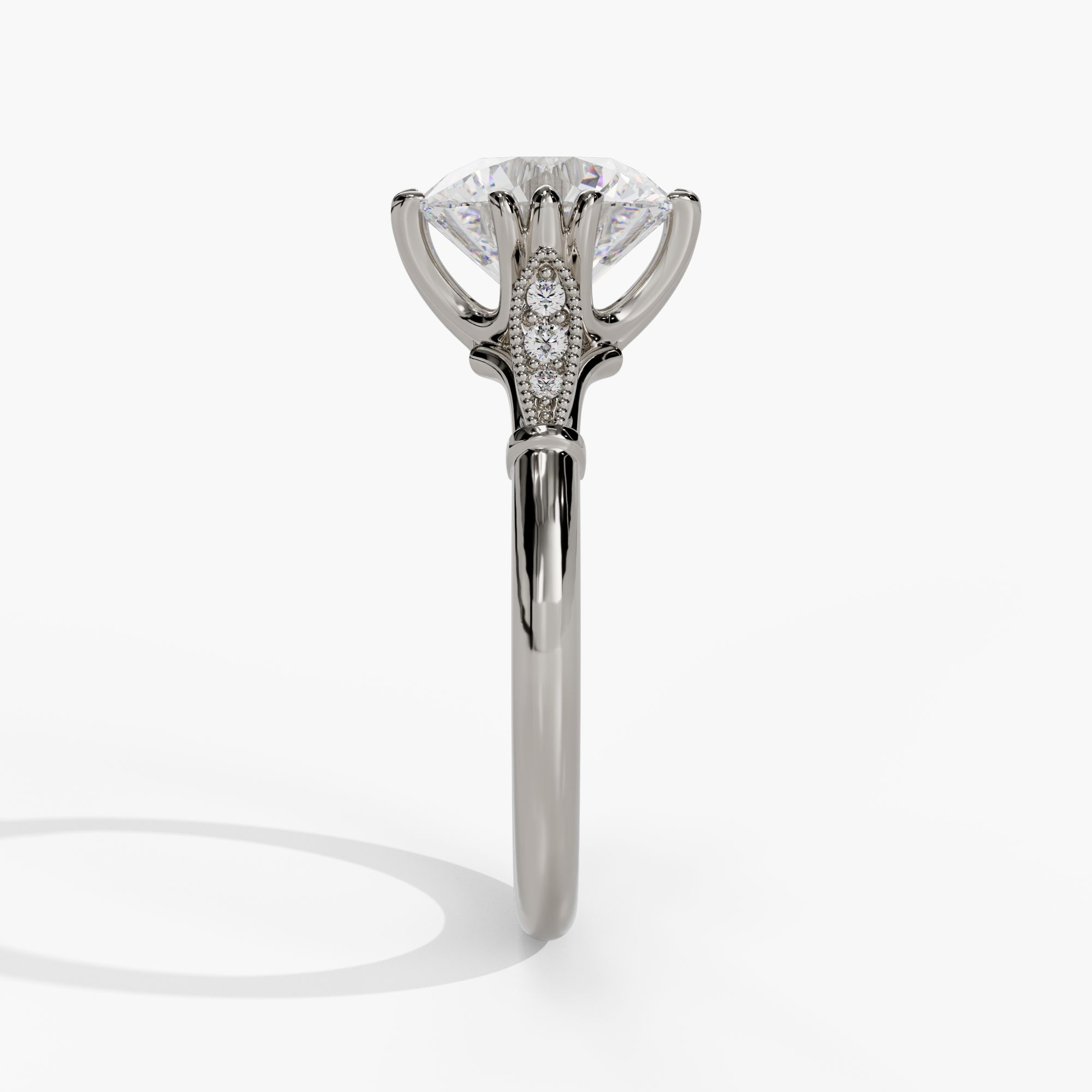 Round Engagement Ring Setting With Milgrain Natural Diamond Leaf Accents in 14k White Gold — side view