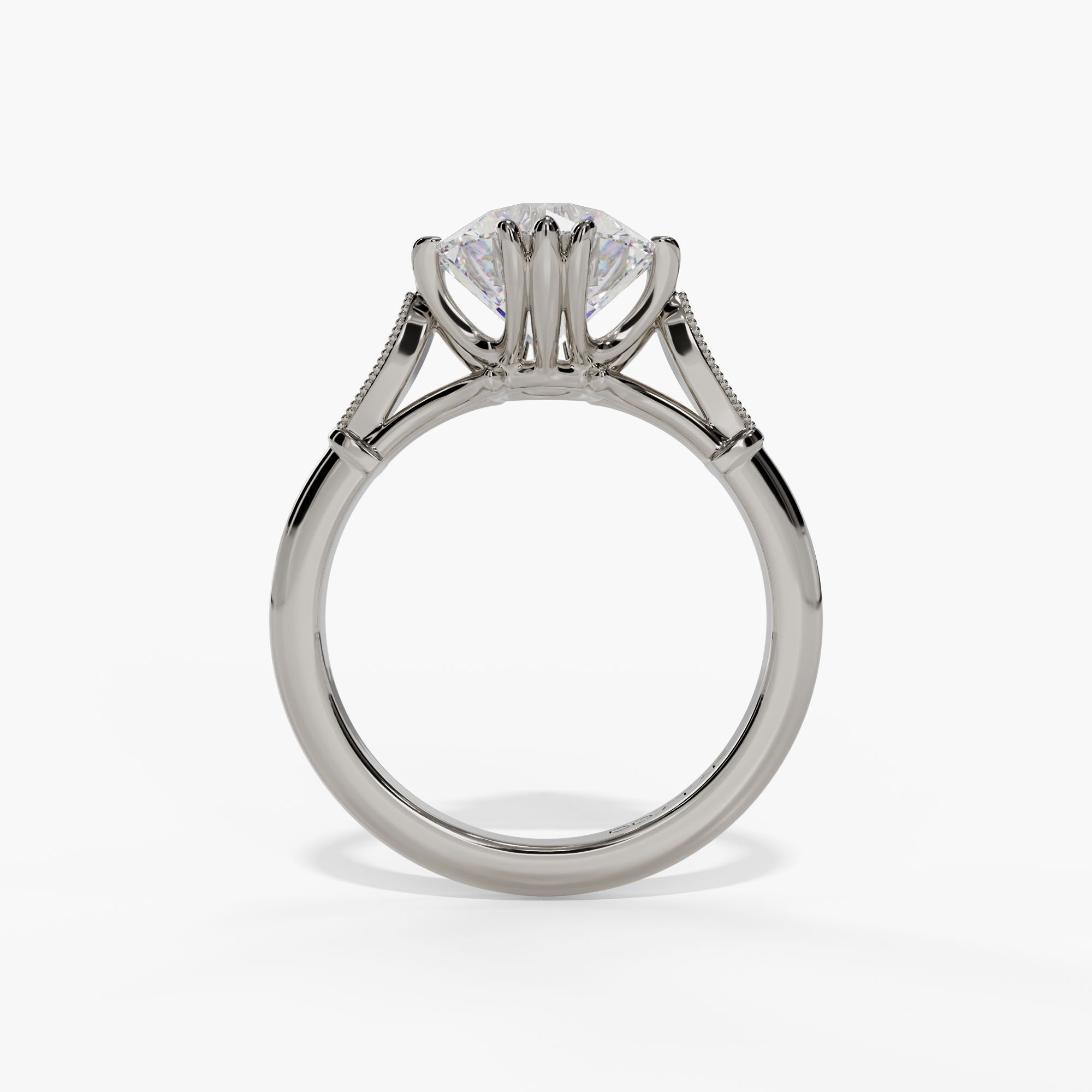 Round Engagement Ring Setting With Milgrain Natural Diamond Leaf Accents in 14k White Gold — full ring view
