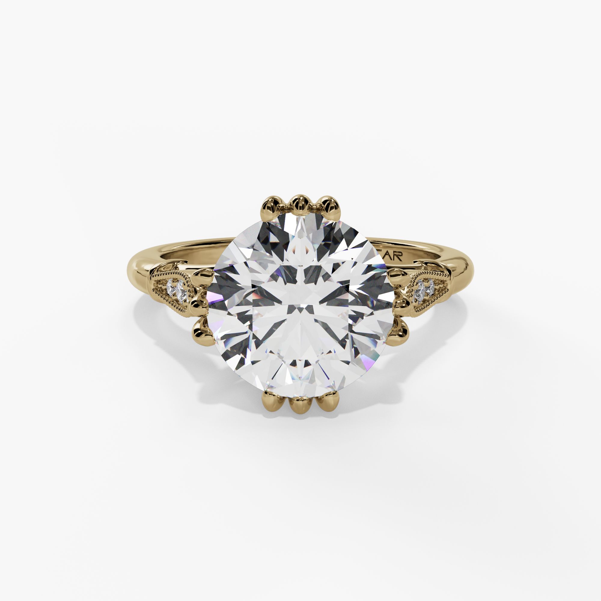 Round Engagement Ring Setting With Milgrain Natural Diamond Leaf Accents in 14k Yellow Gold — front view